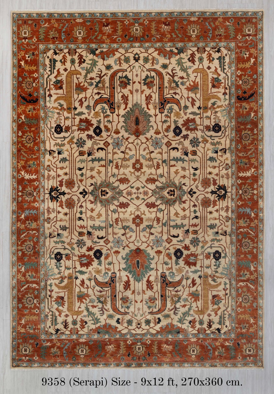 Cream Rust Vintage Serapi Retro High Quality Hand Knotted Wool Rug