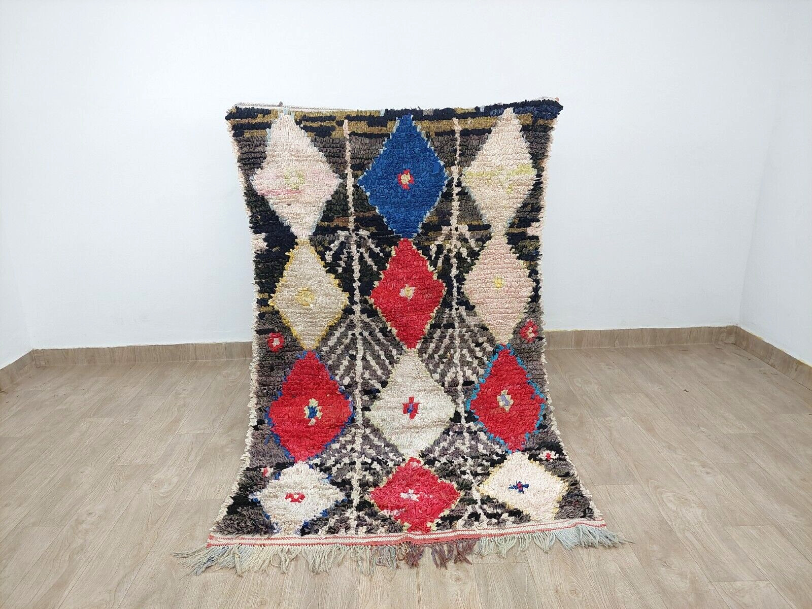 Moroccan Vintage Rug 4×7 Ft Handmade Berber Grey Black Red Geometric Azilal Rug