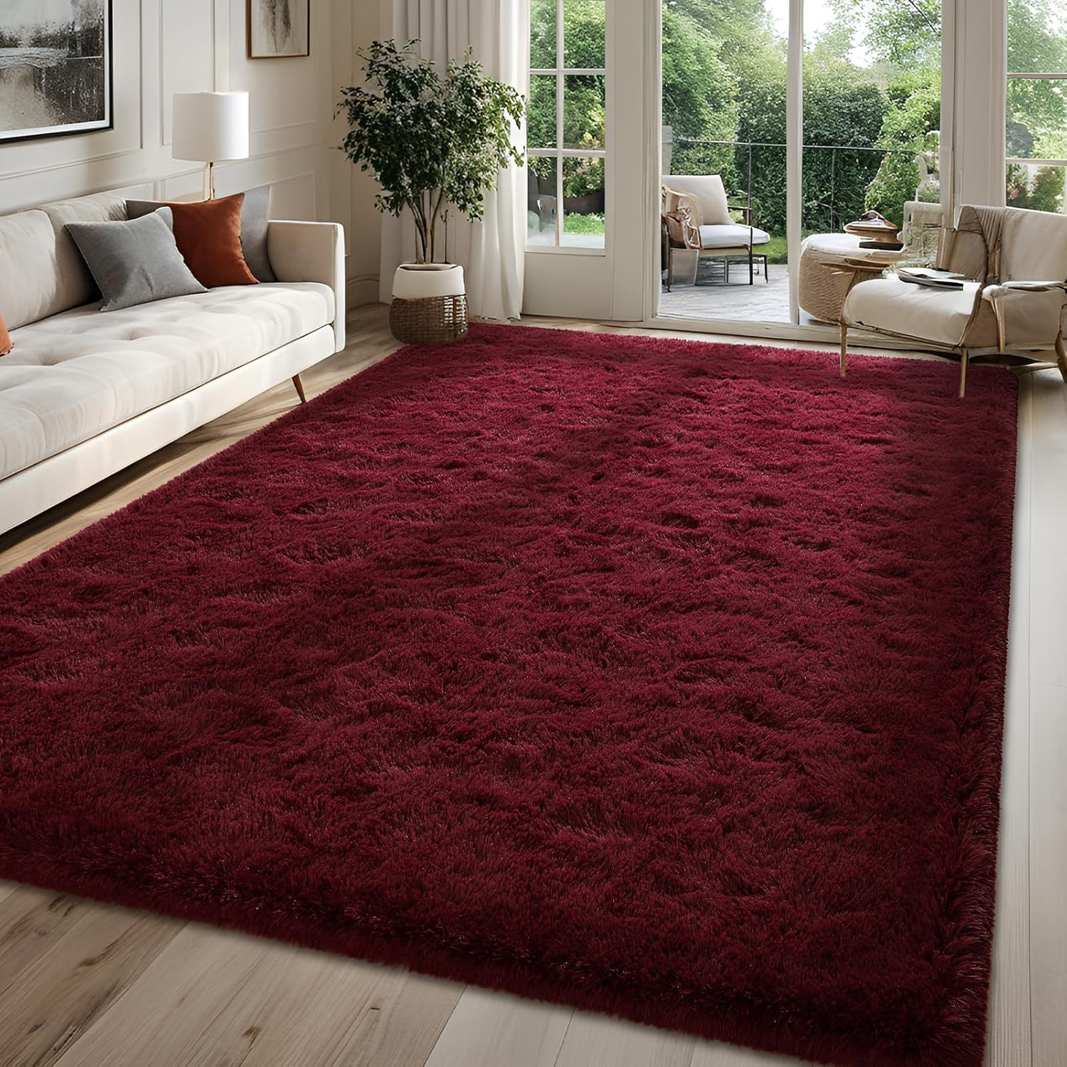 Fluffy Burgundy Red Rugs for Bedroom, 4X6 Feet Dark Red Area Rug for Living