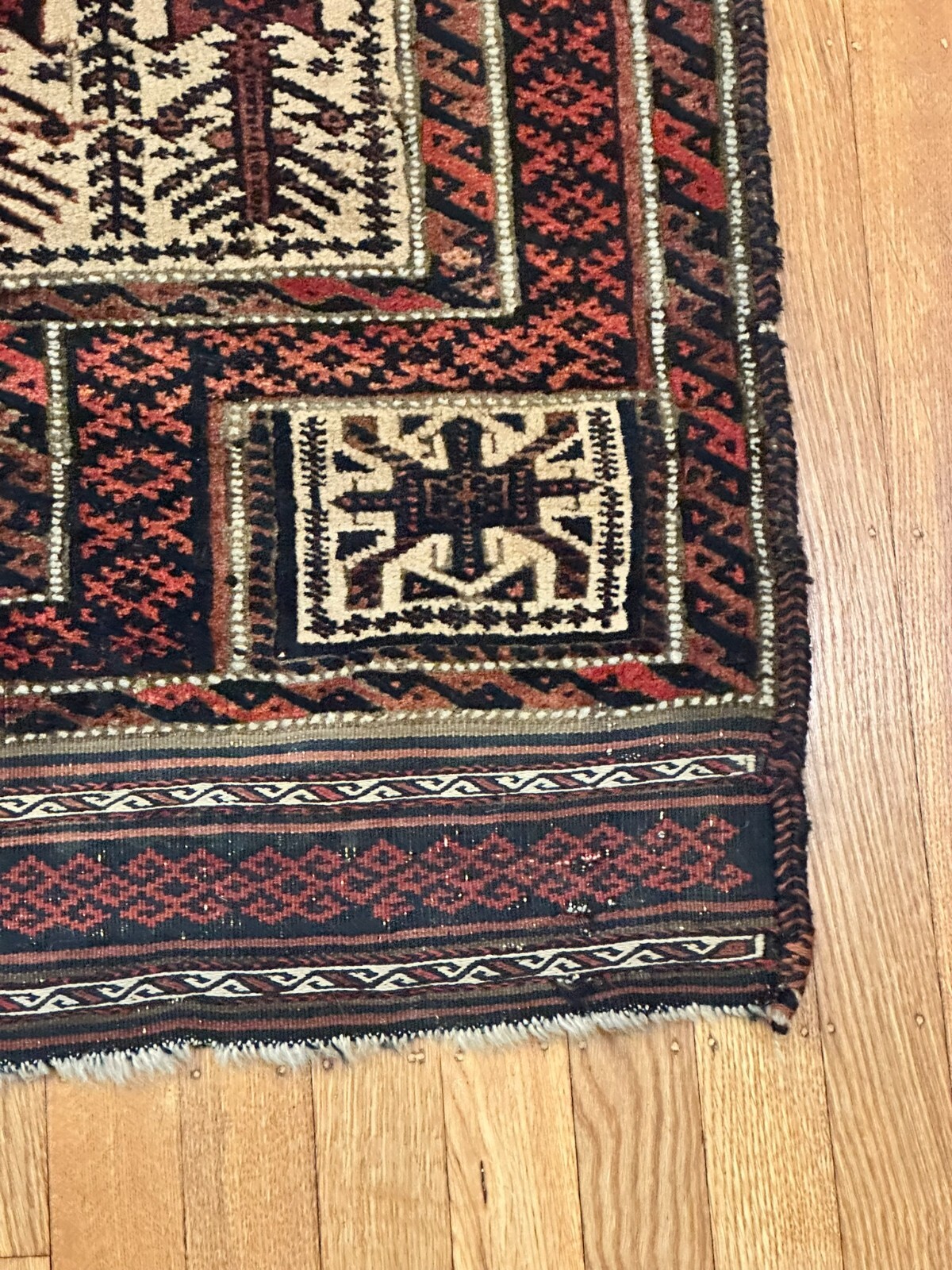 Area Rug. Afghan Early 20th Century. Cream, Dark Blue, Red. 50 1/2″ x 31 “