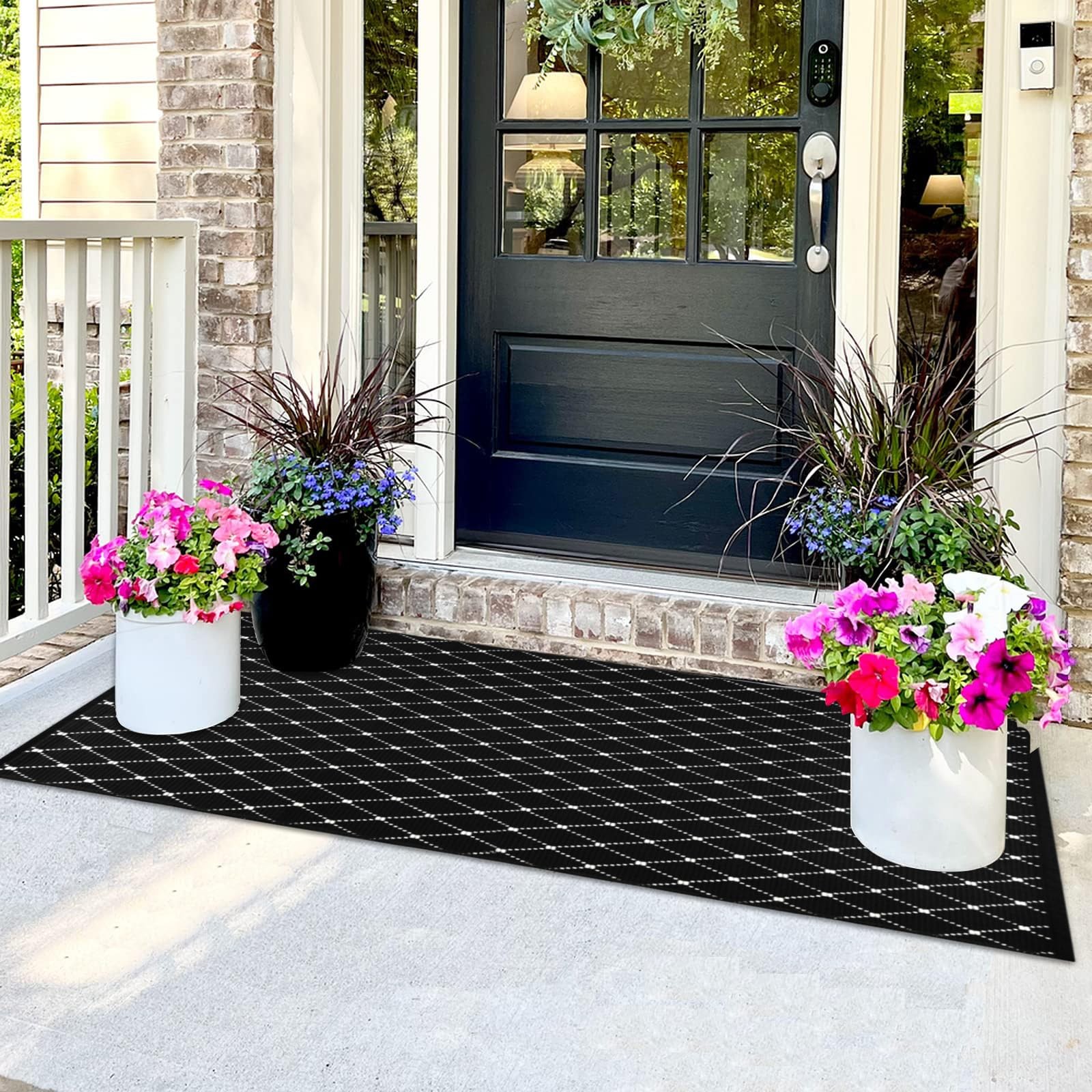 Front Porch Rug Black Boho Outdoor Rug 23.6″ x 51.2″ Door Mat Cotton Hand Wov…