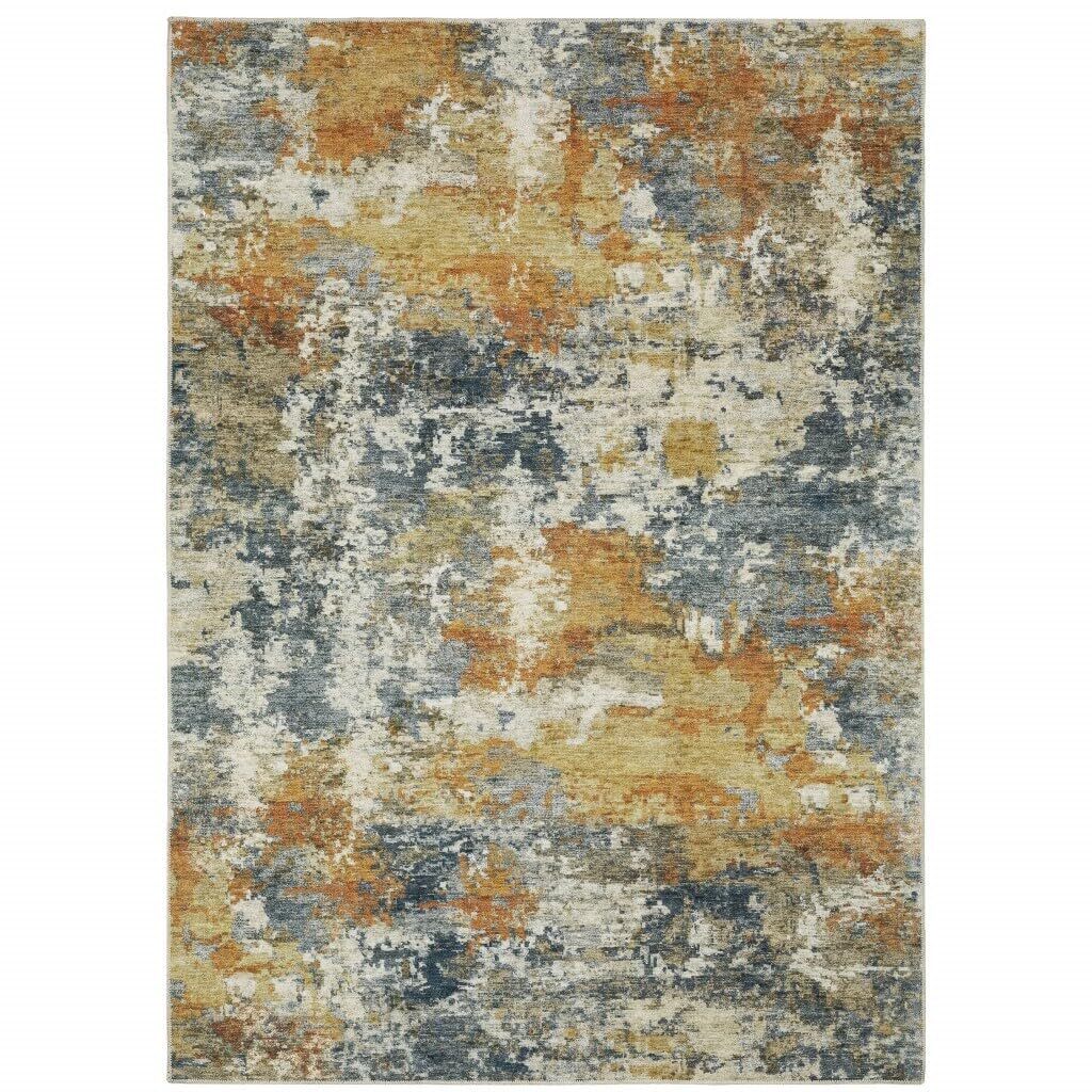 2′ X 3′ Teal Blue Orange Gold Grey Tan Brown And Beige Abstract Printed Stain