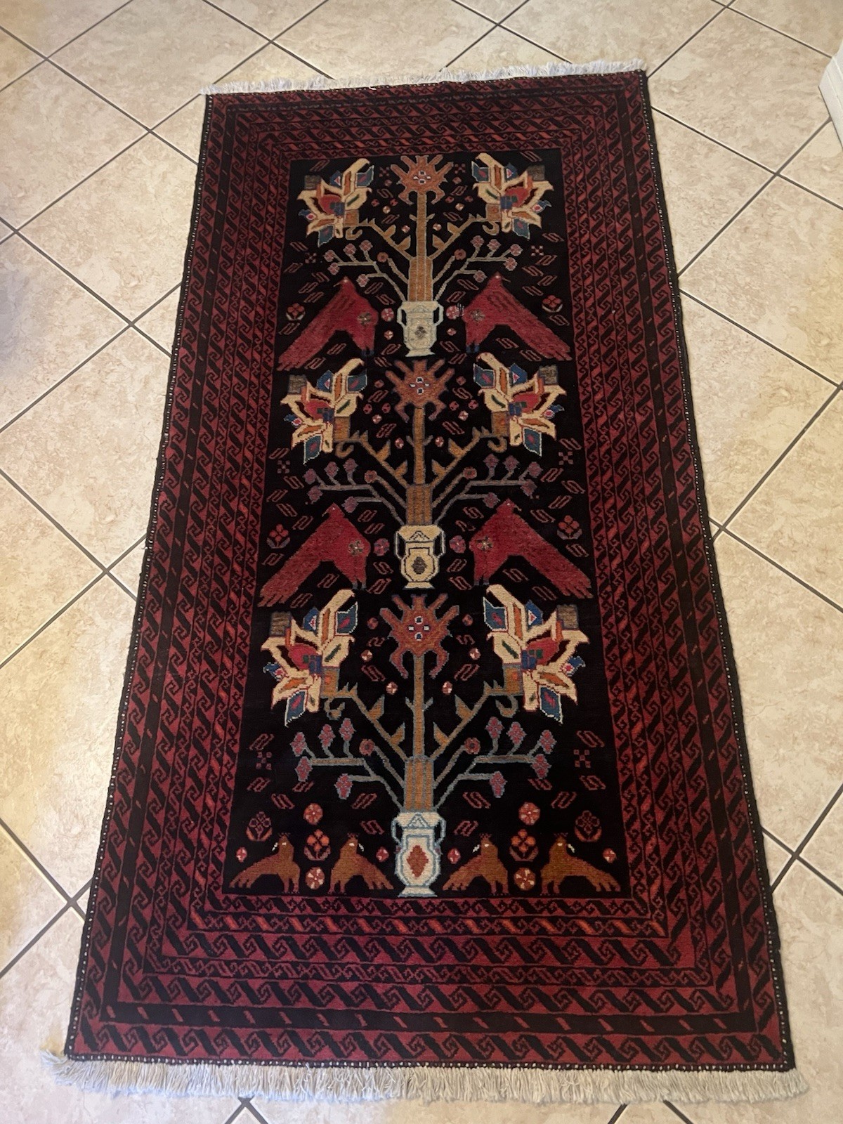 Baluchi Pictorial Wool Rug Vase Animal Symbols Afghan Fringe Carpet 3 ft by 7 ft