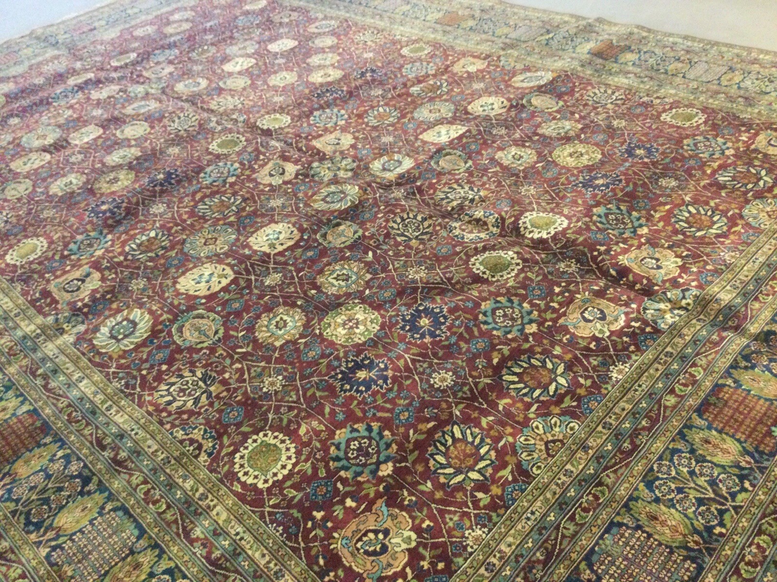 12’.2” X 17’.3” Reddish Rust Navy Blue Floral Wool Oriental Rug Handmade Large