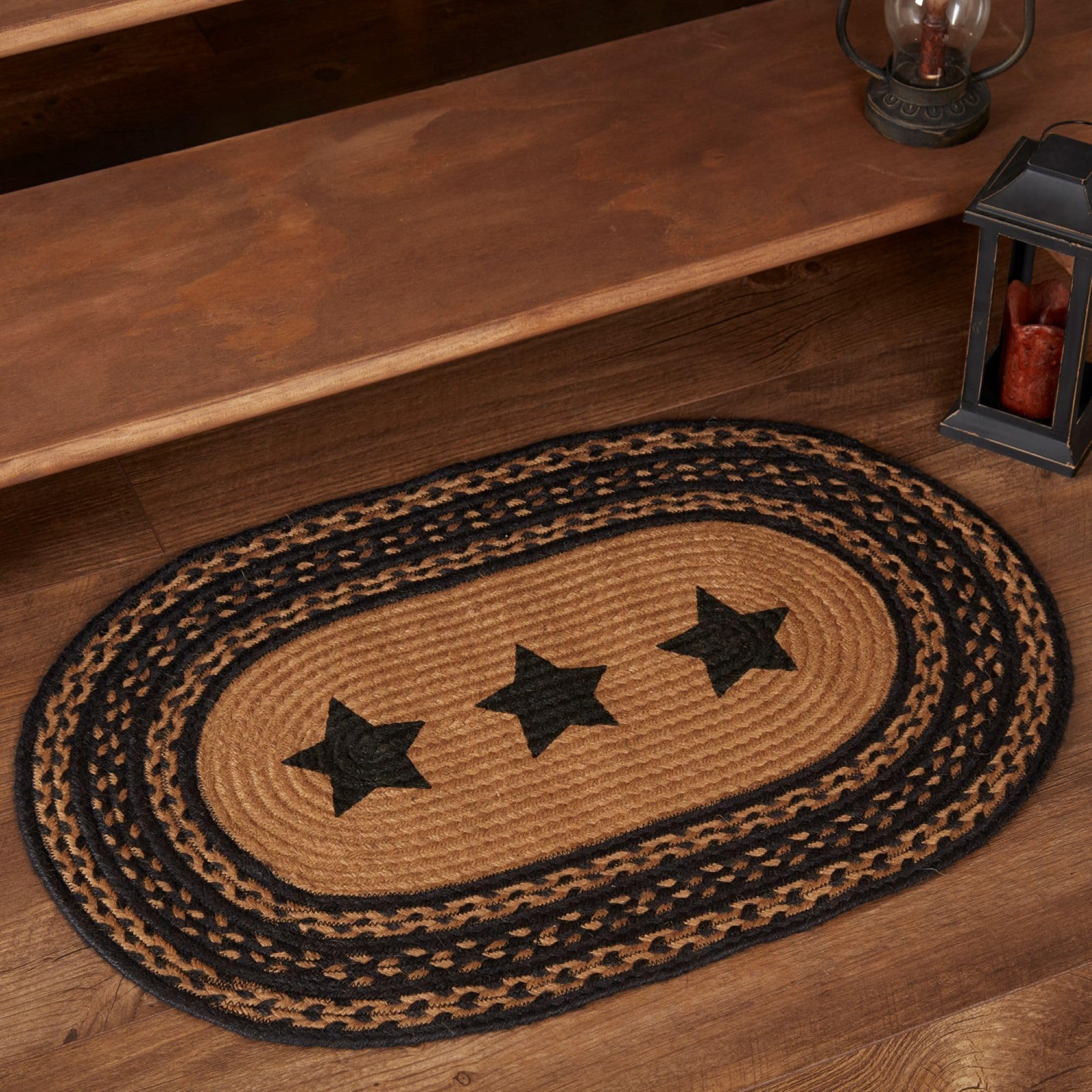 Farmhouse Primitive Star Black Stenciled Accent Jute Rug Oval Stencil Stars w…