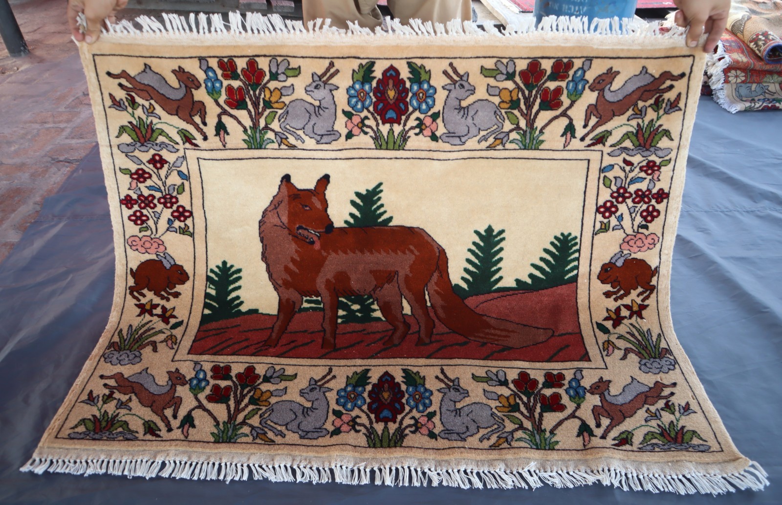 3×4 ft Afghan Handmade Pictorial Wolf rug, Nomadic Animal Print Wall Hanging Rug