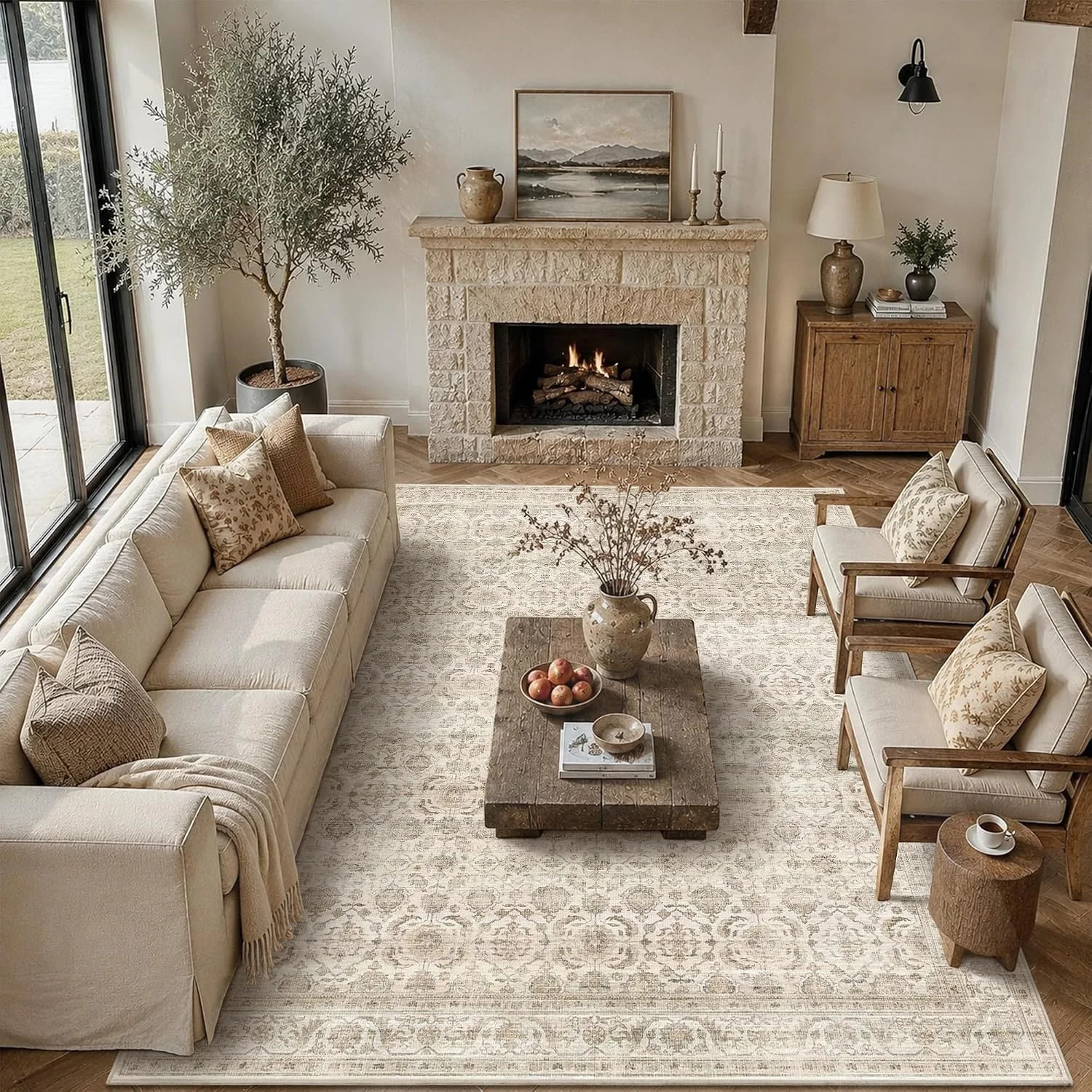 8×10 Washable Beige Vintage Farmhouse Area Rug, Non Slip Soft Low Pile Neutral C