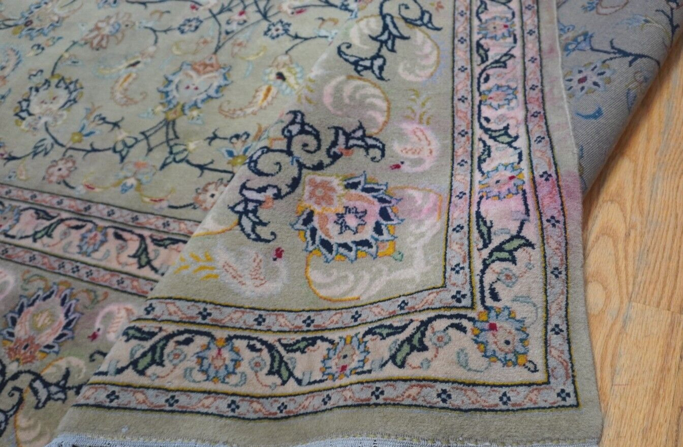 Antique Kashann Signed Birds Hand Knotted Pistachios Green Wool Rug 9’7″ x 13’5″
