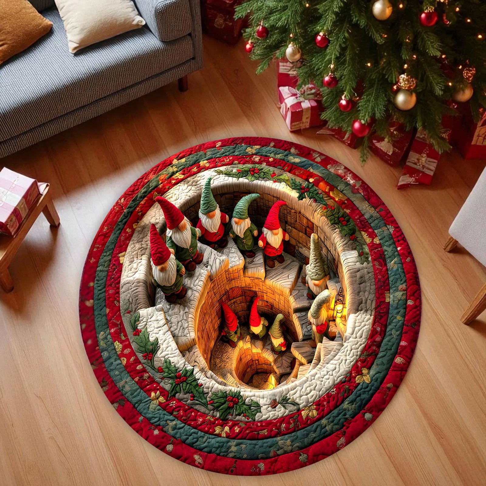 3D Printed Gnome Christmas Round Mat Winter Home Xmas Door Rug Holiday
