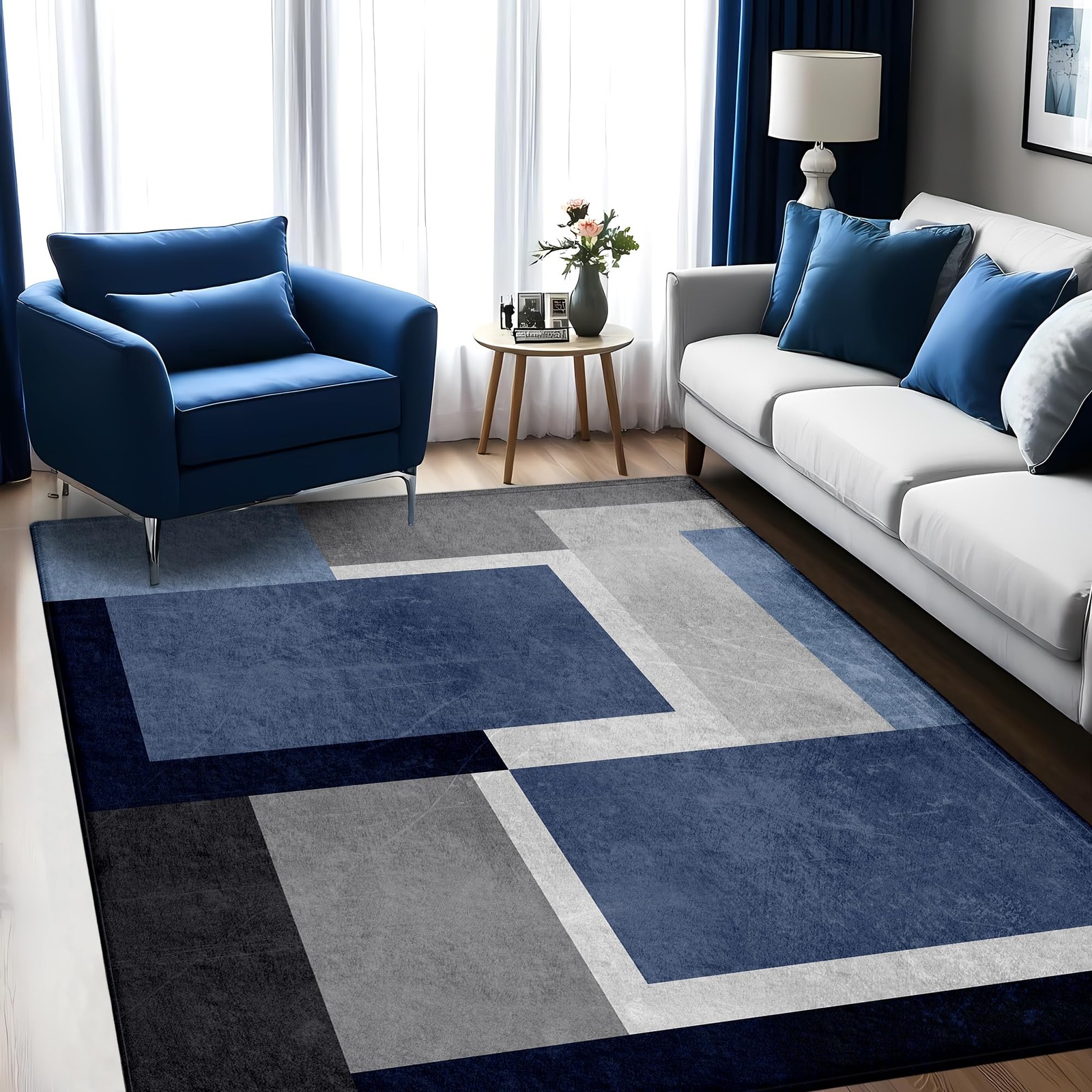 Blue Grey Geometric 5X7 Area Rug – Washable Non-Slip Modern Floor Carpet