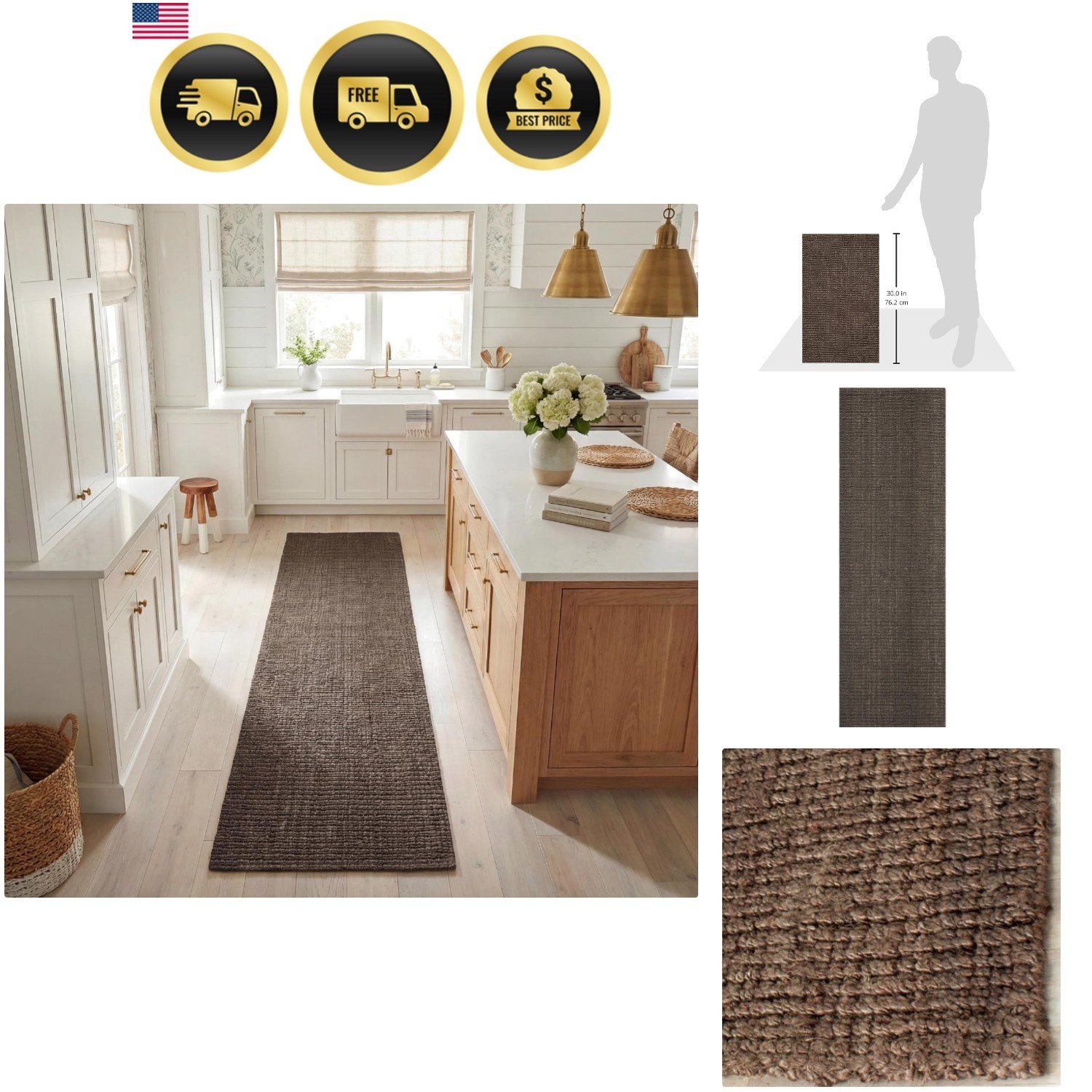 Natural Fiber Jute Runner Rug Brown Handmade Chunky Textured 2 6×6