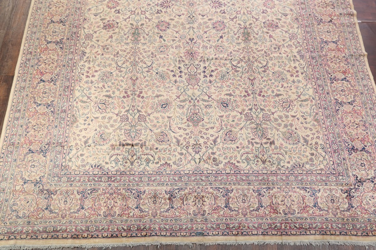 Antique Floral Kirman Ivory Wool Handmade Palace Size Rug Area Carpet 12×16