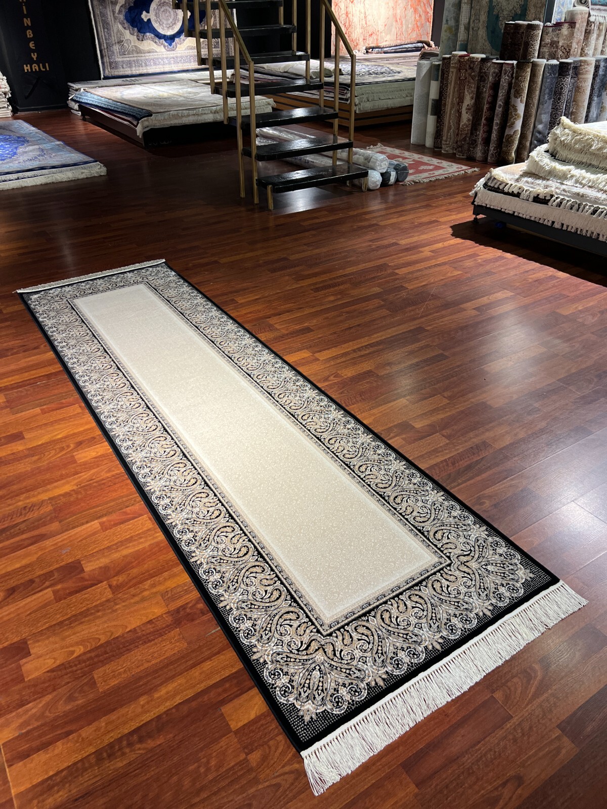 3×10 ft Bamboo Silk Runner Rug – Beige Black Luxury Rug for Hall or Entryway