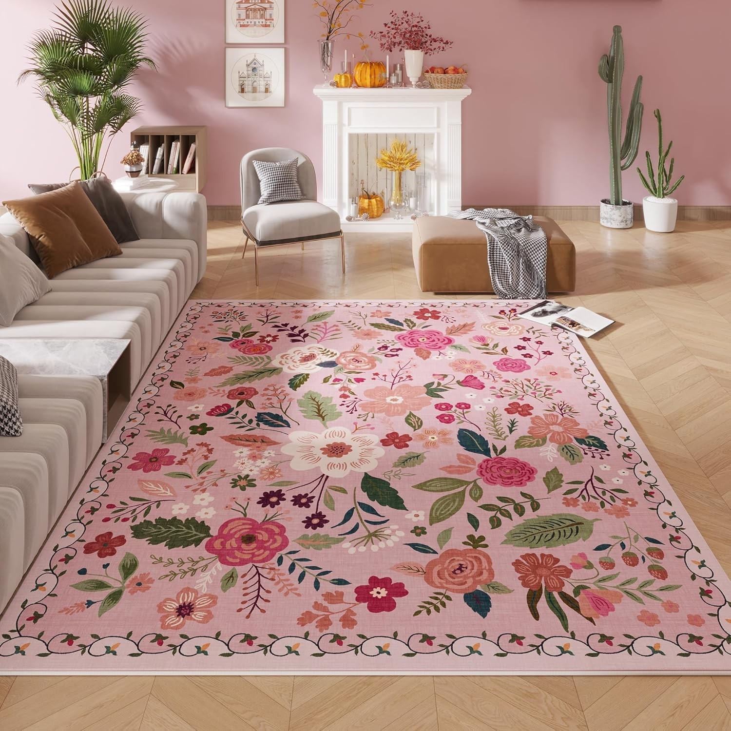 Washable Boho Floral Area Rug 8×10 – Non Slip, Vintage Style for Living Spaces