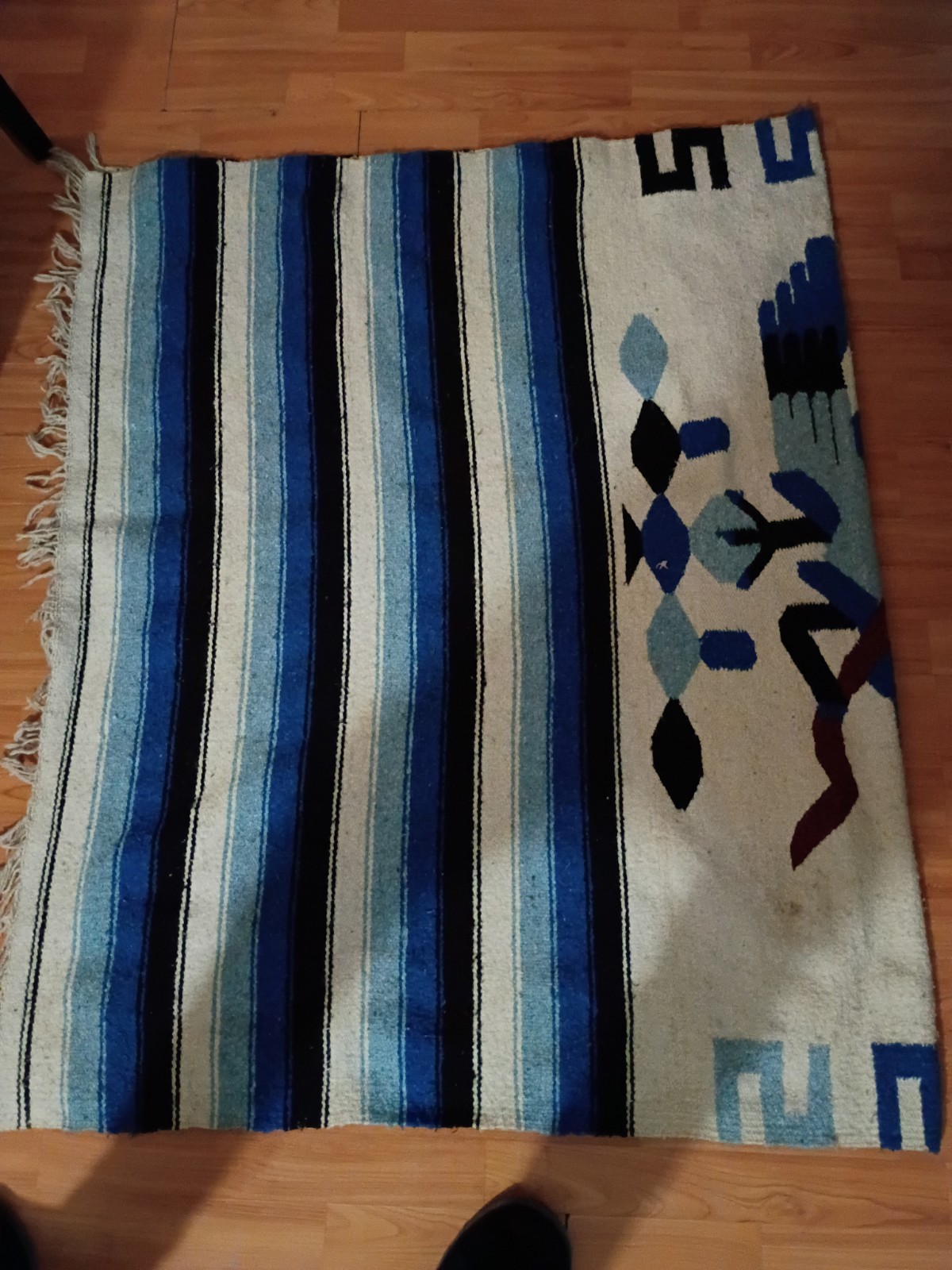 Blue White Black Striped Flat Hand Woven Navajo Wool Fringe Blanket 80″x48″