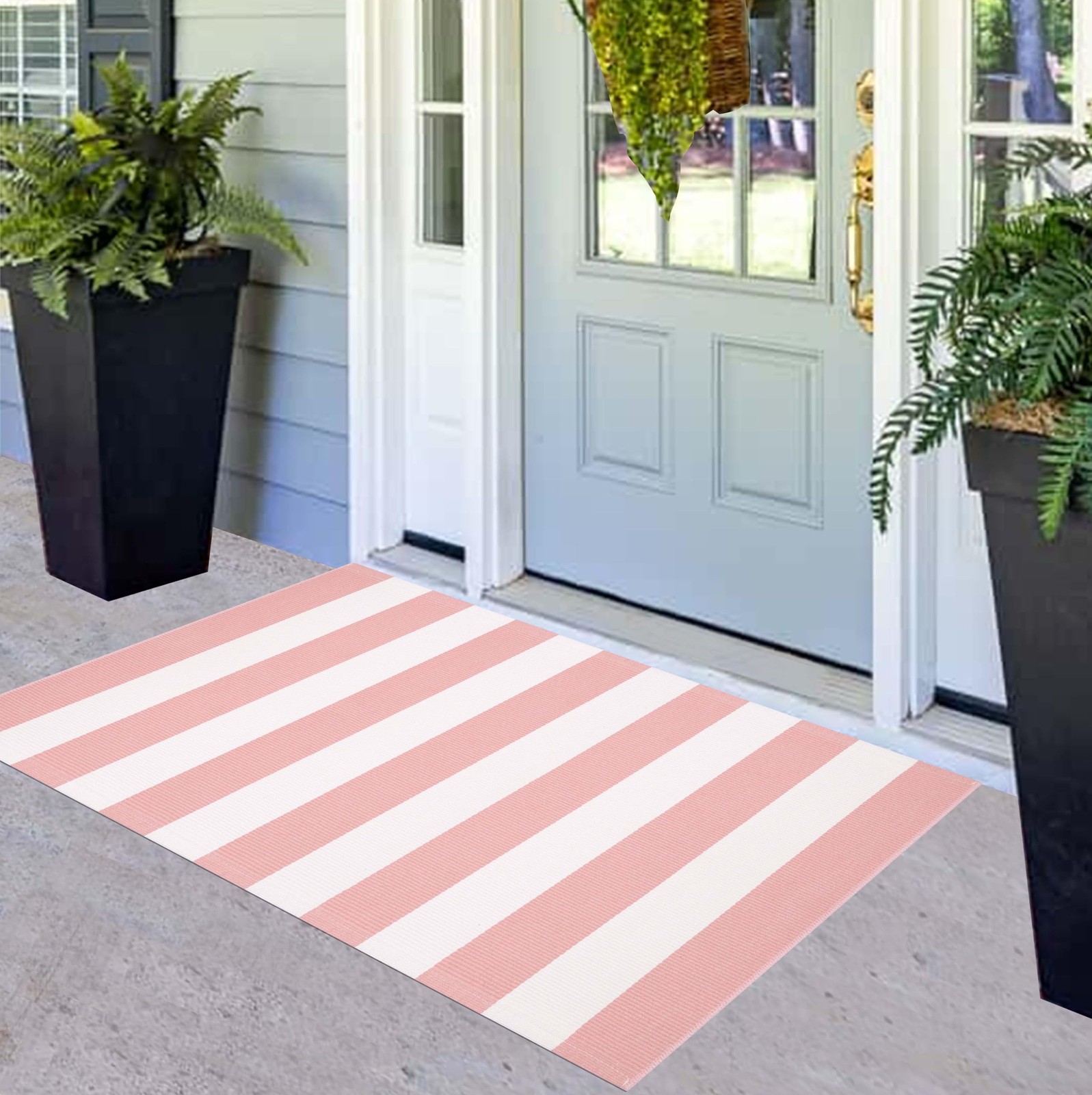 Front Door Mat 24″x51″,Pink and White Striped Layered Doormat Cotton Woven Wa…