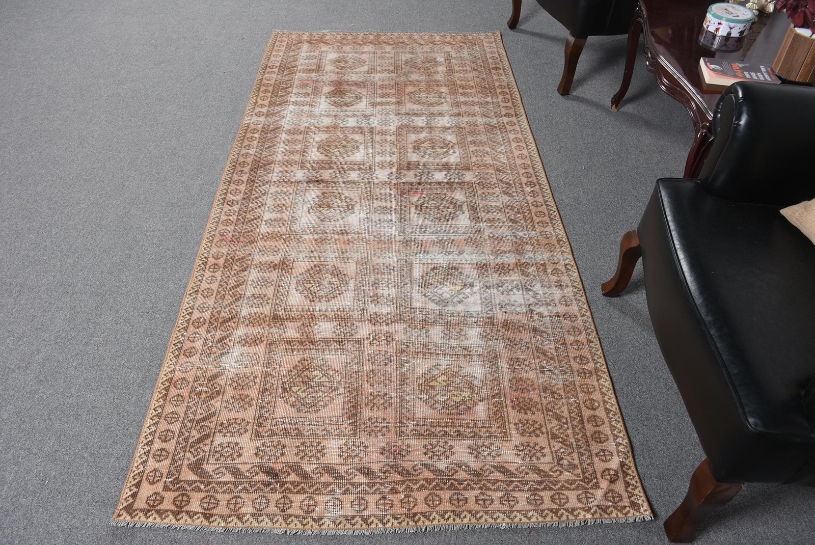 Turkish Vintage Rug, 3,6×7,9 ft Rug, Brown White Ombré Wool Rug