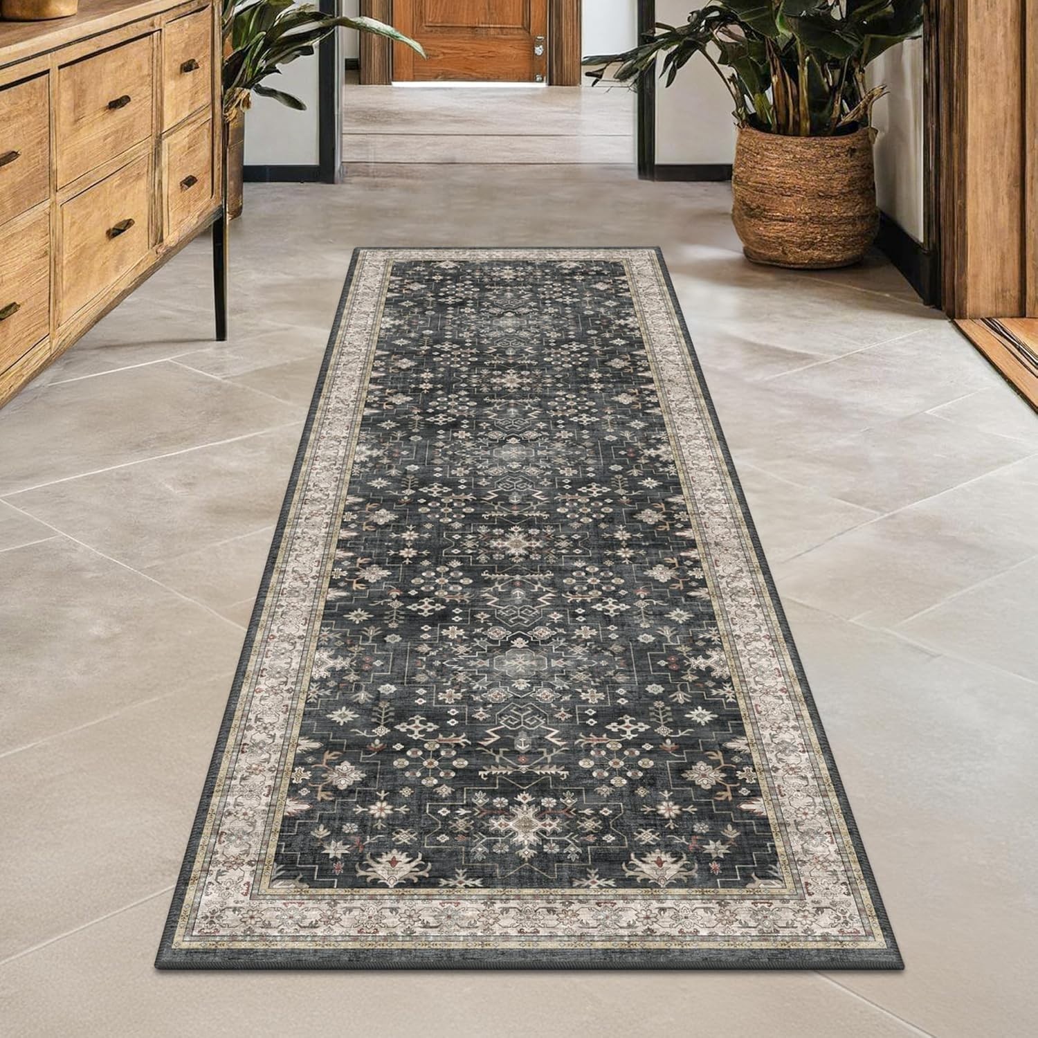 Elegant 2×6 Black Floral Boho Runner Rug – Soft, Washable & Stain Resistant