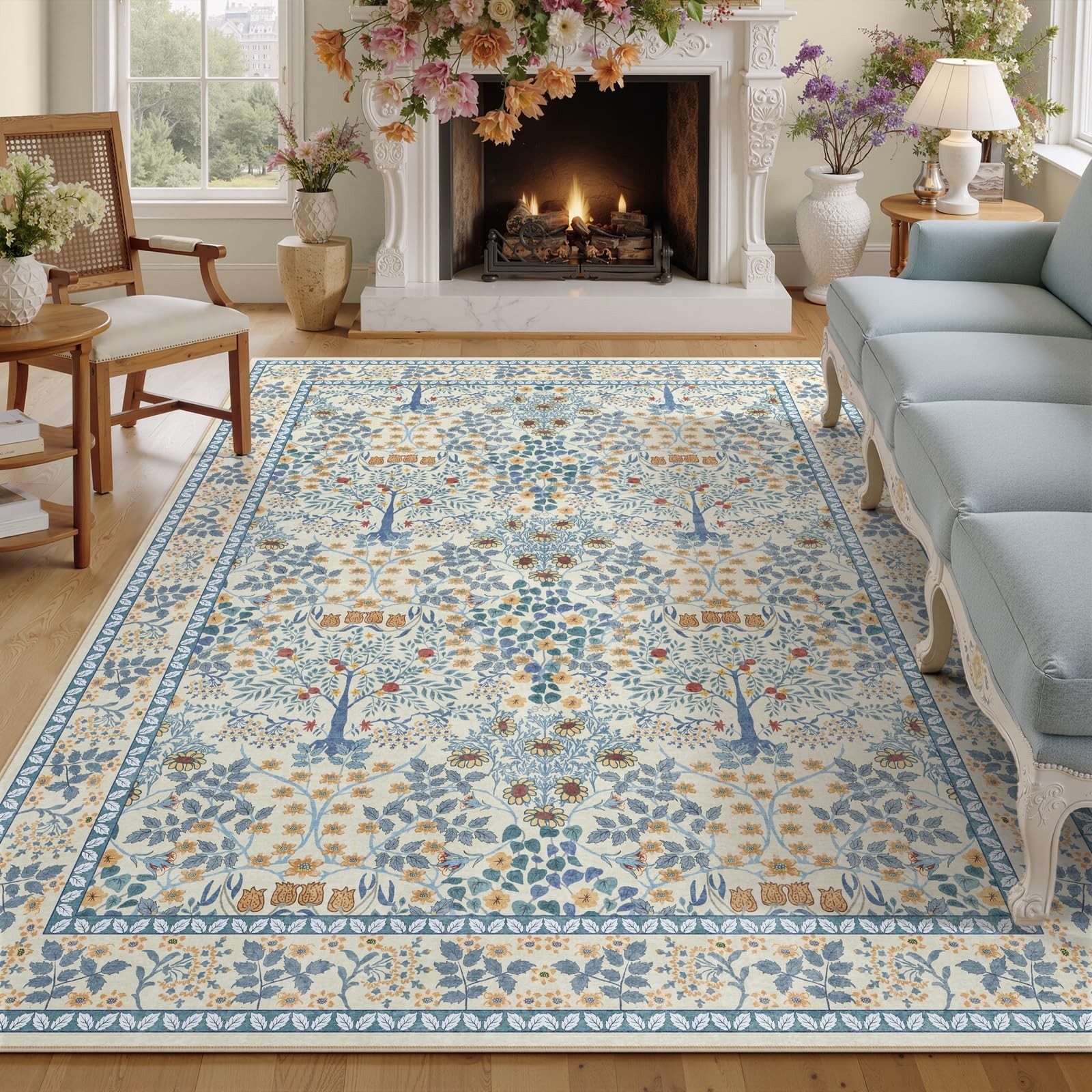 6×9 Area Rugs Living Room Rug – Floral Vintage Morris-Inspired Washable Carpe…