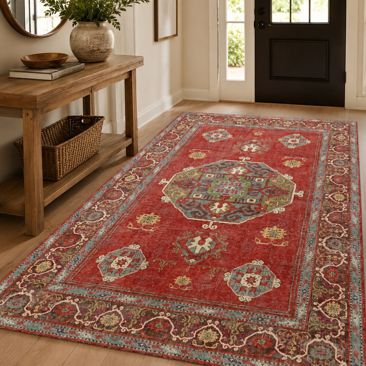 Red Vintage Style Area Rug and Runner Washable Carpet with 15 Size Options