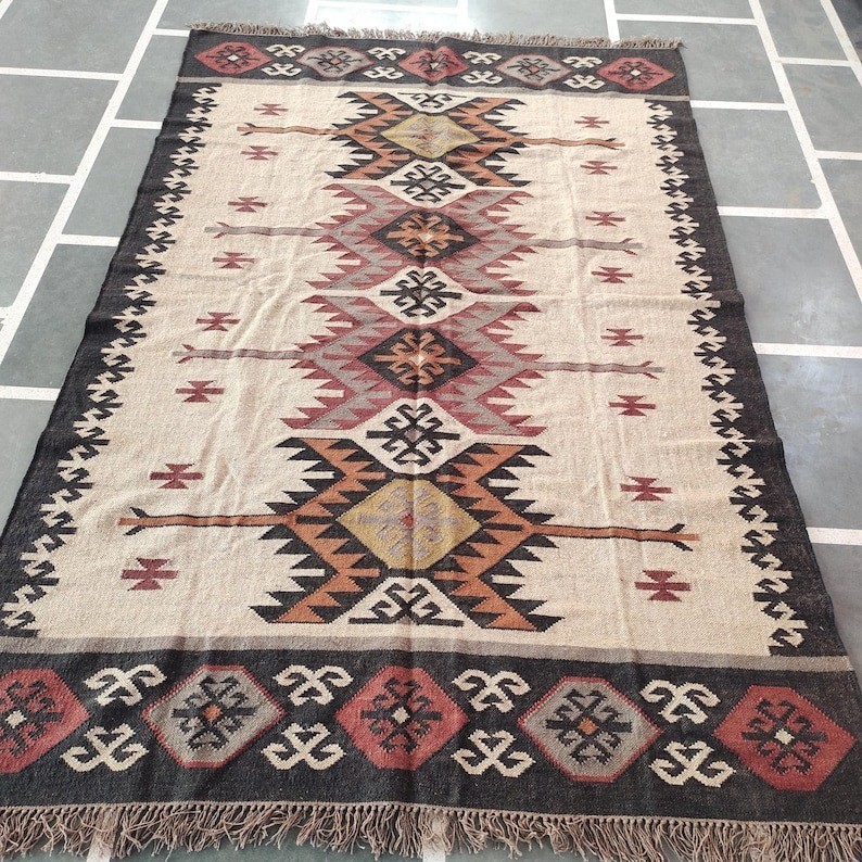 Handmade Wool Jute Kilim Rug | Boho Runner & Area Rug |Geometric Indian-Rug