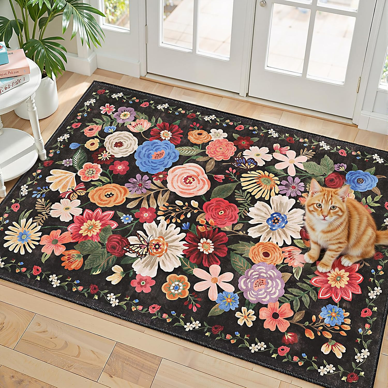 Espresso (Black Brown) Floral Rug for Entryway, 2×3 Washable Kitchen Mat Ultra-T