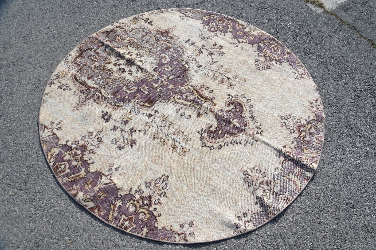 Turkish Rug, 5,6×5,6 ft Vintage Rug, Beige Purple Patchwork Wool Rug
