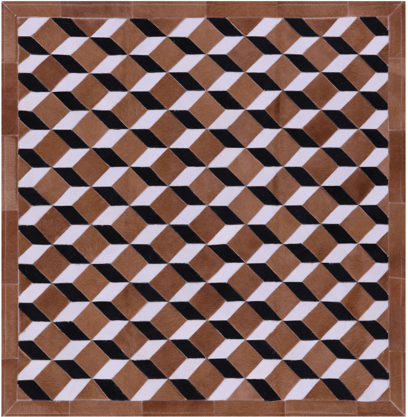 5′ 0″ X 5′ 0″ Brown & White Square Black Cowhide Hand Stitched Rug – C5697