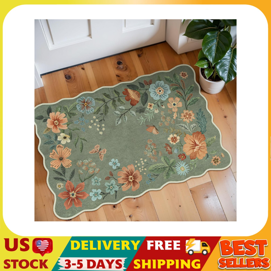 Floral Rugs for Entryway, 2X3 Washable Kitchen Rugs Ultra-Thin Soft Rug, Non Sli