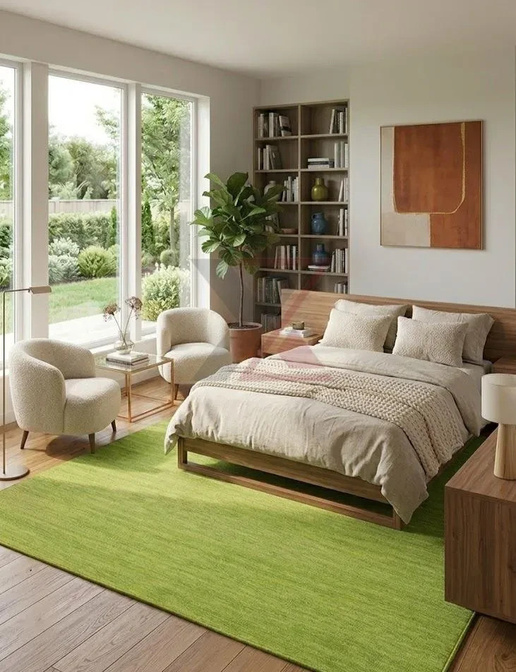 Handloom Solid Green Area Rug – Modern Minimalist Wool Carpet for Living Room