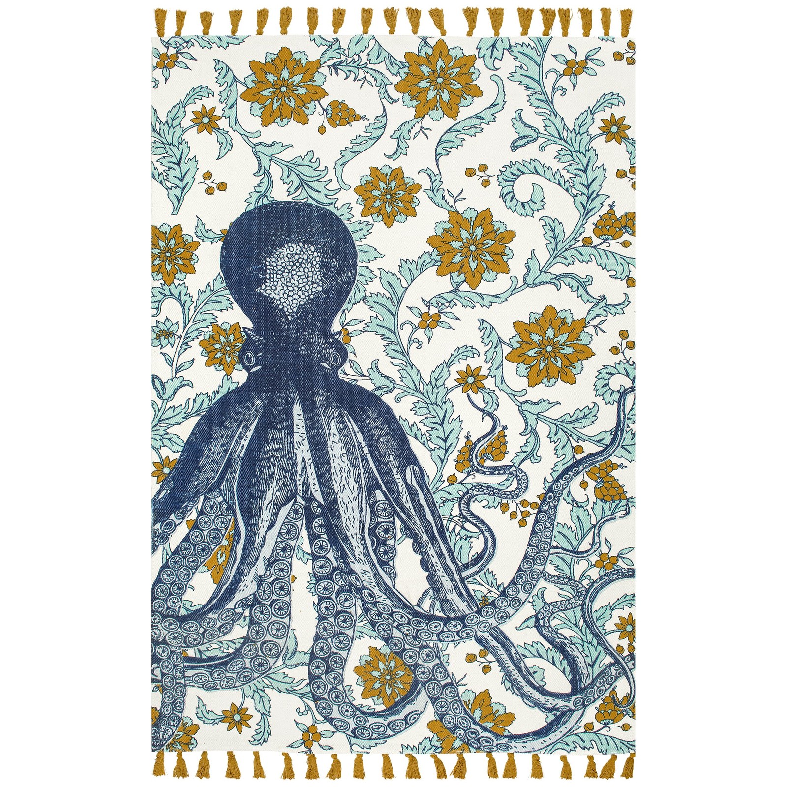 Thomas Paul Blue Multicolor/Ivory, 3′ x 5′, Handmade, Octopus Print, Cotton, …