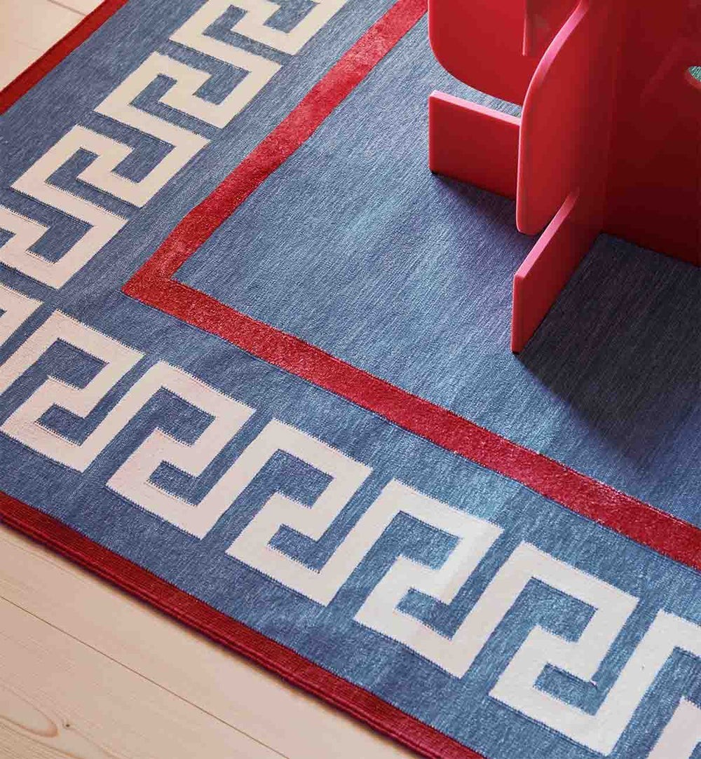 Blue Scandinavian Swedish Kilim Tile Handmade Flat weave Boho Large Area Rug