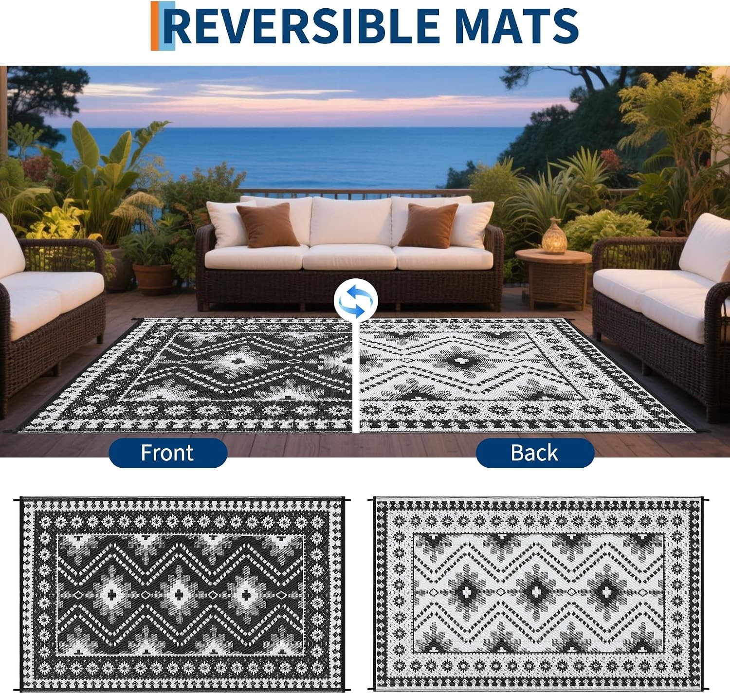 Outdoor Rug Waterproof for Patio, 8×10/9×12/9×18′ Reversible Plastic Straw Rug