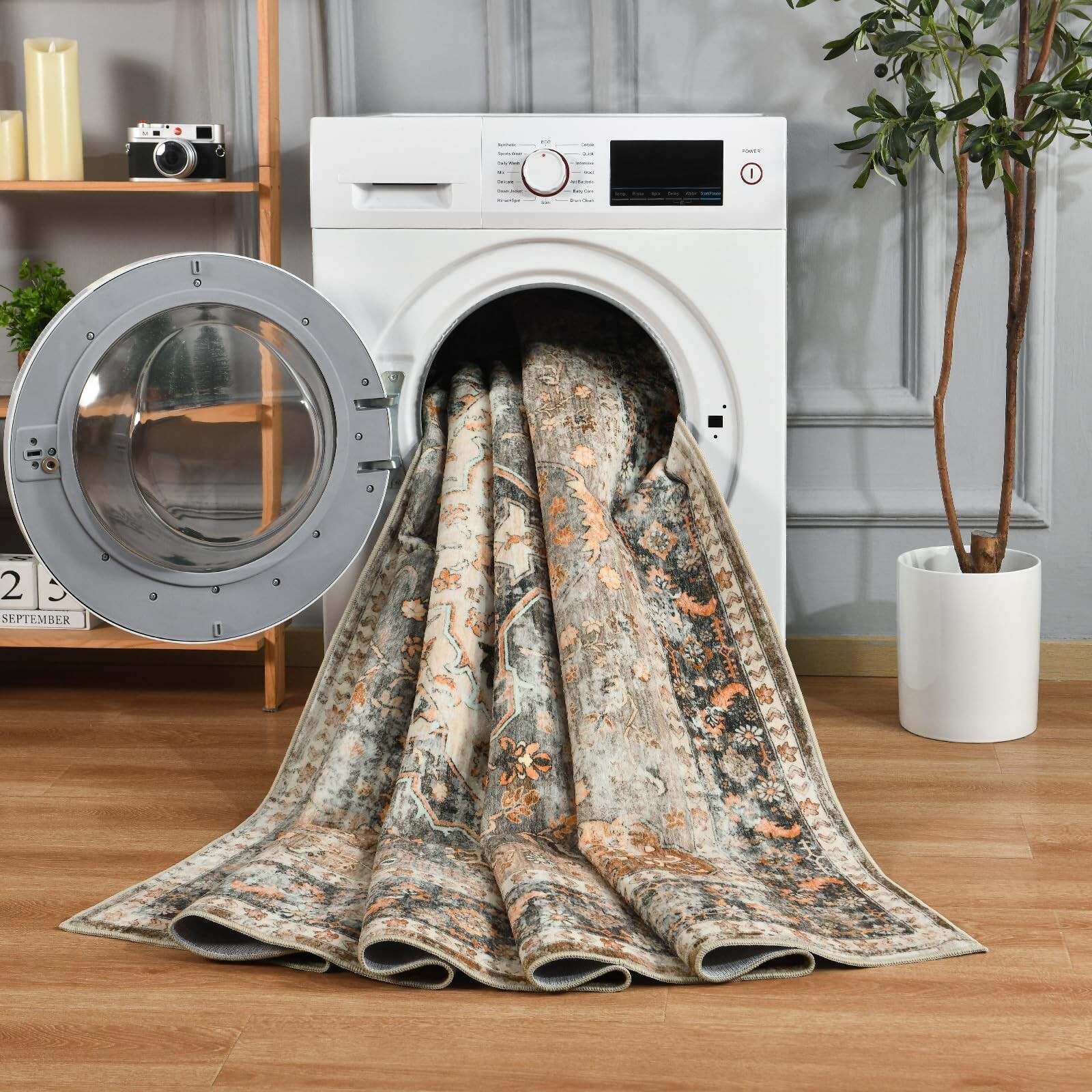 6×9 Washable Area Rug Tan Vintage Floral Print Nonslip Thin Foldable Carpet f…