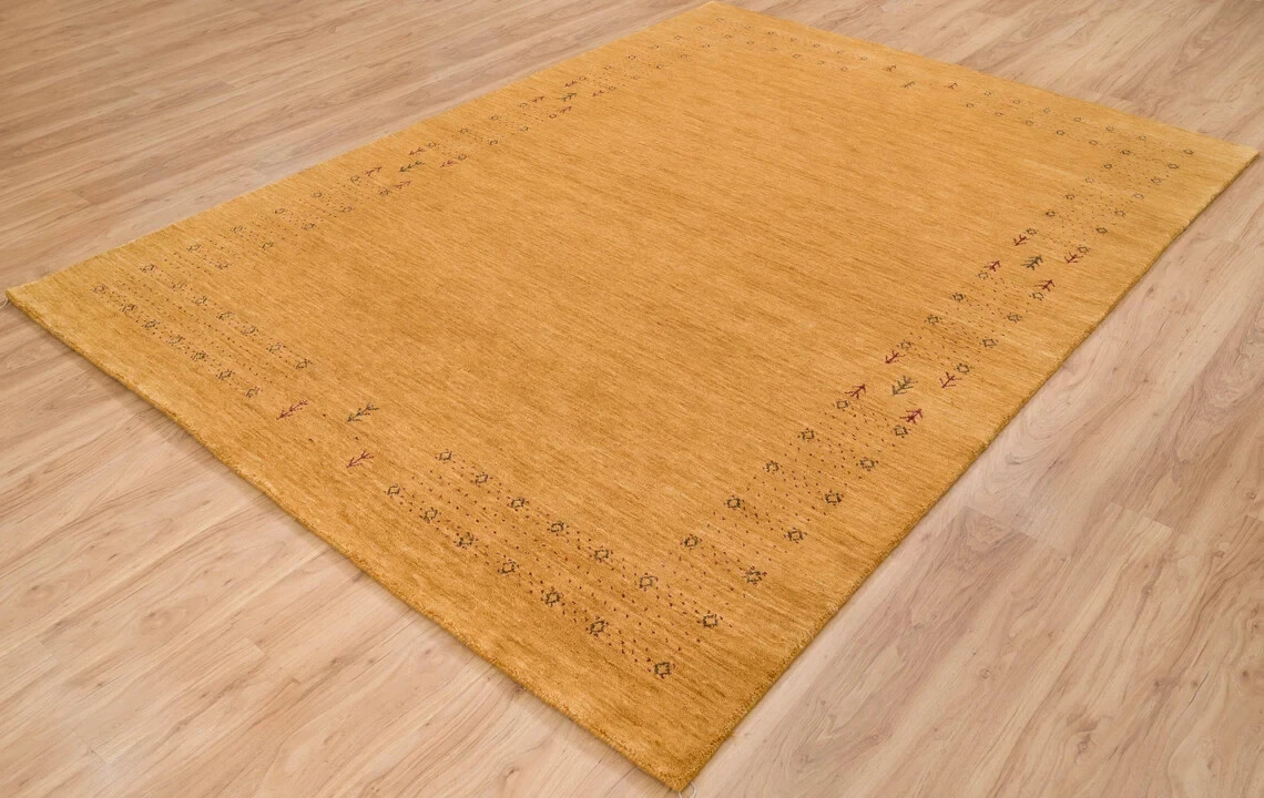 Yellow Gabbeh Rug, Golden Area Rug, Minimal Design Rug In Maroon, Solid Color