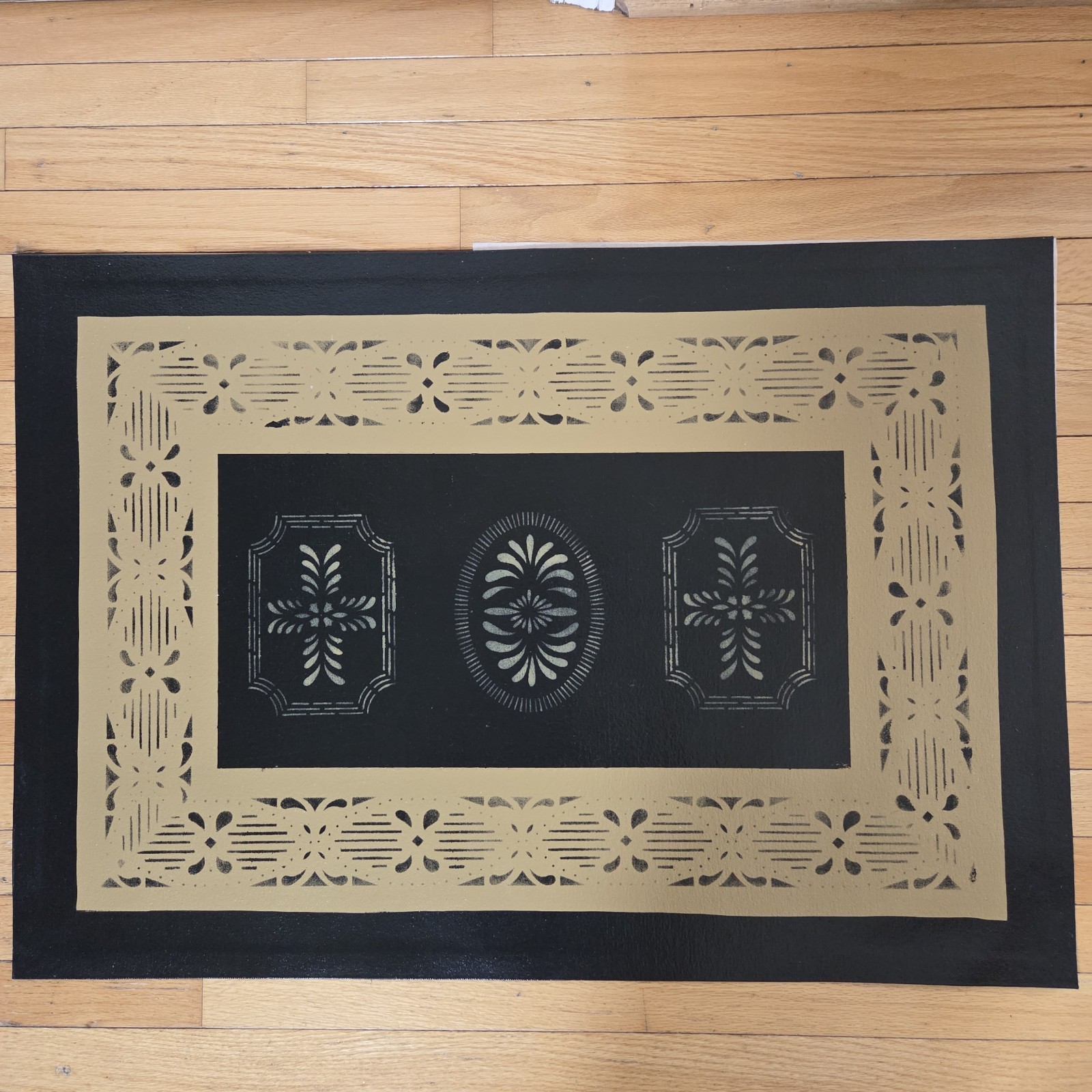 Hand Painted Canvas Rug Primative Early American Colonial Williamsburg 36x25in