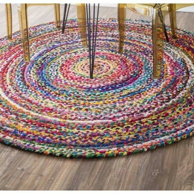 4′ New Multicolor Cotton Craft Jute&Cotton Chindi Braid Rug,Hand Woven Reversibl