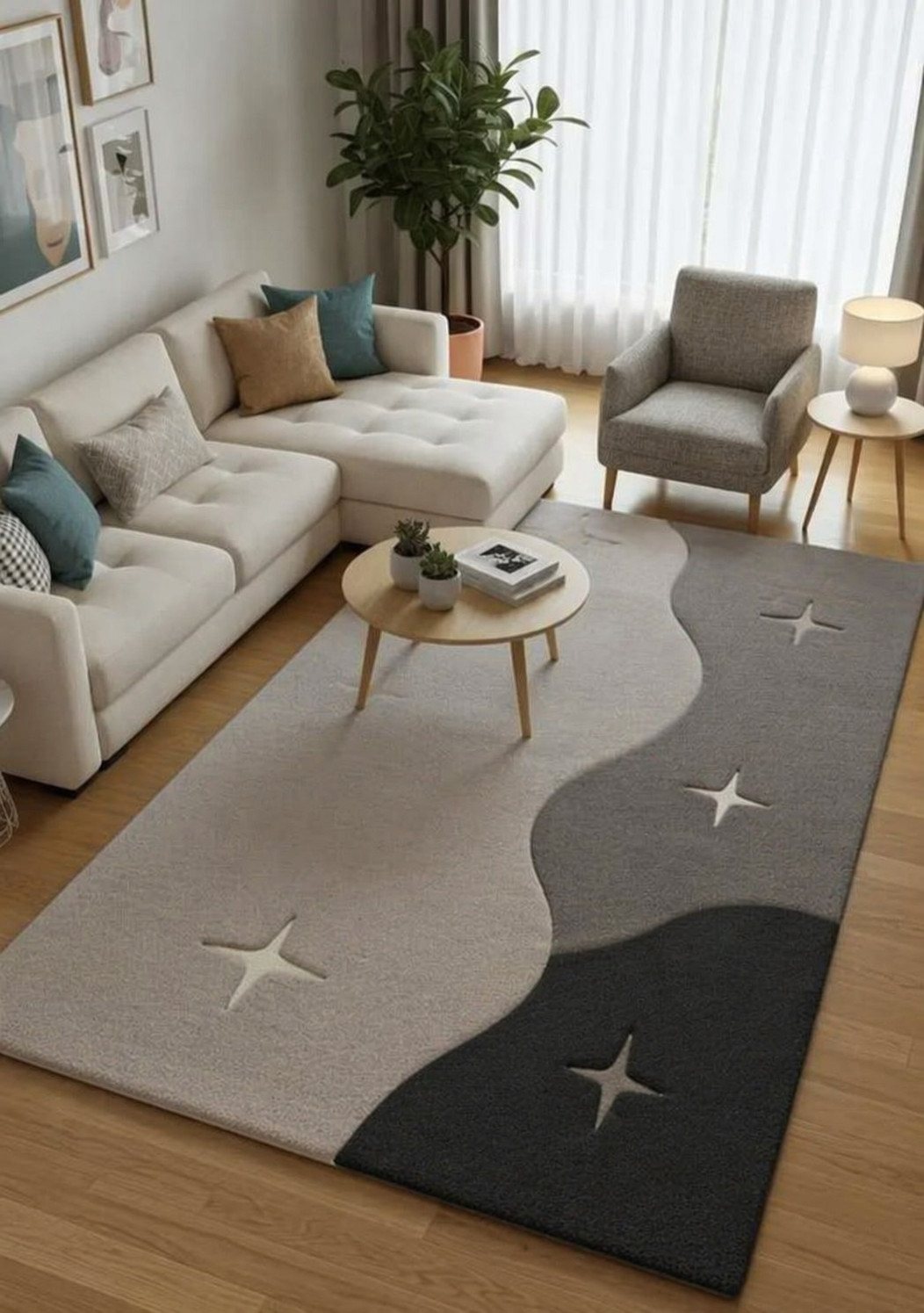 Modern abstract wave design area rug soft neutral beige grey & black carpet with