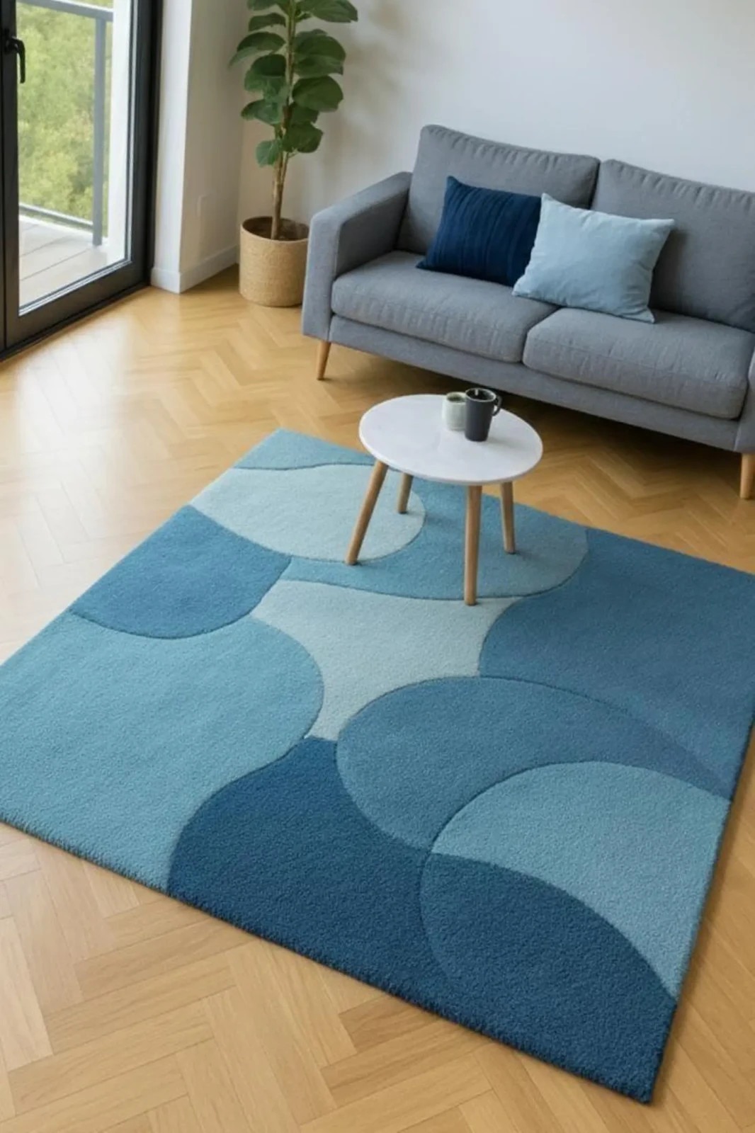Modern Blue Geometric Hand Tufted Rug, Abstract Area Rug for Living Room Carpet.