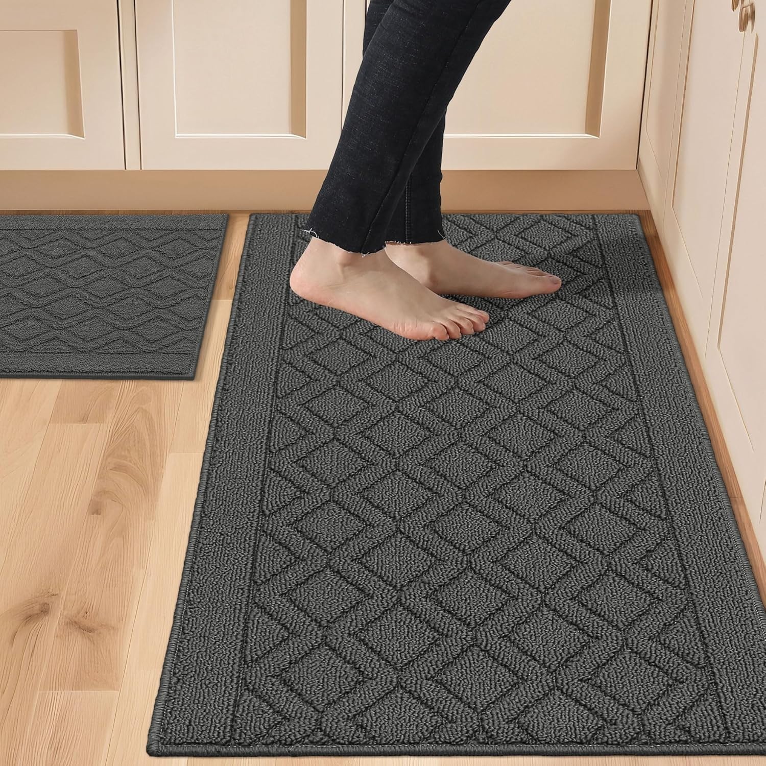 2PC Kitchen Runner Rugs Set – Absorbent Washable Mats for Stylish Safety, Grey
