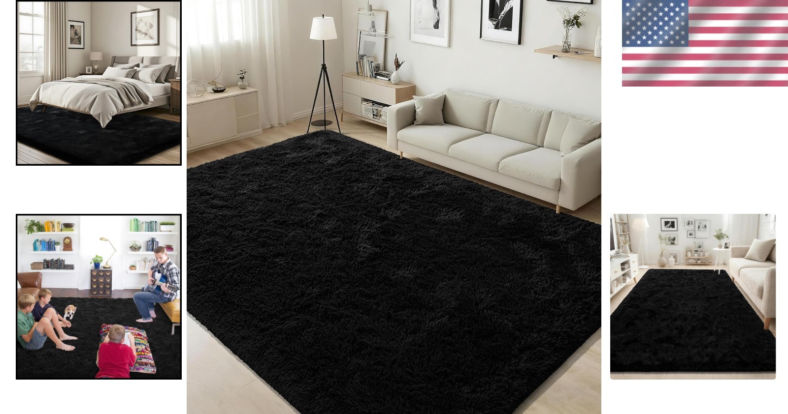 Chic Black Fluffy Carpet – Versatile 4×6 Foot Rug for Playrooms and Living Areas