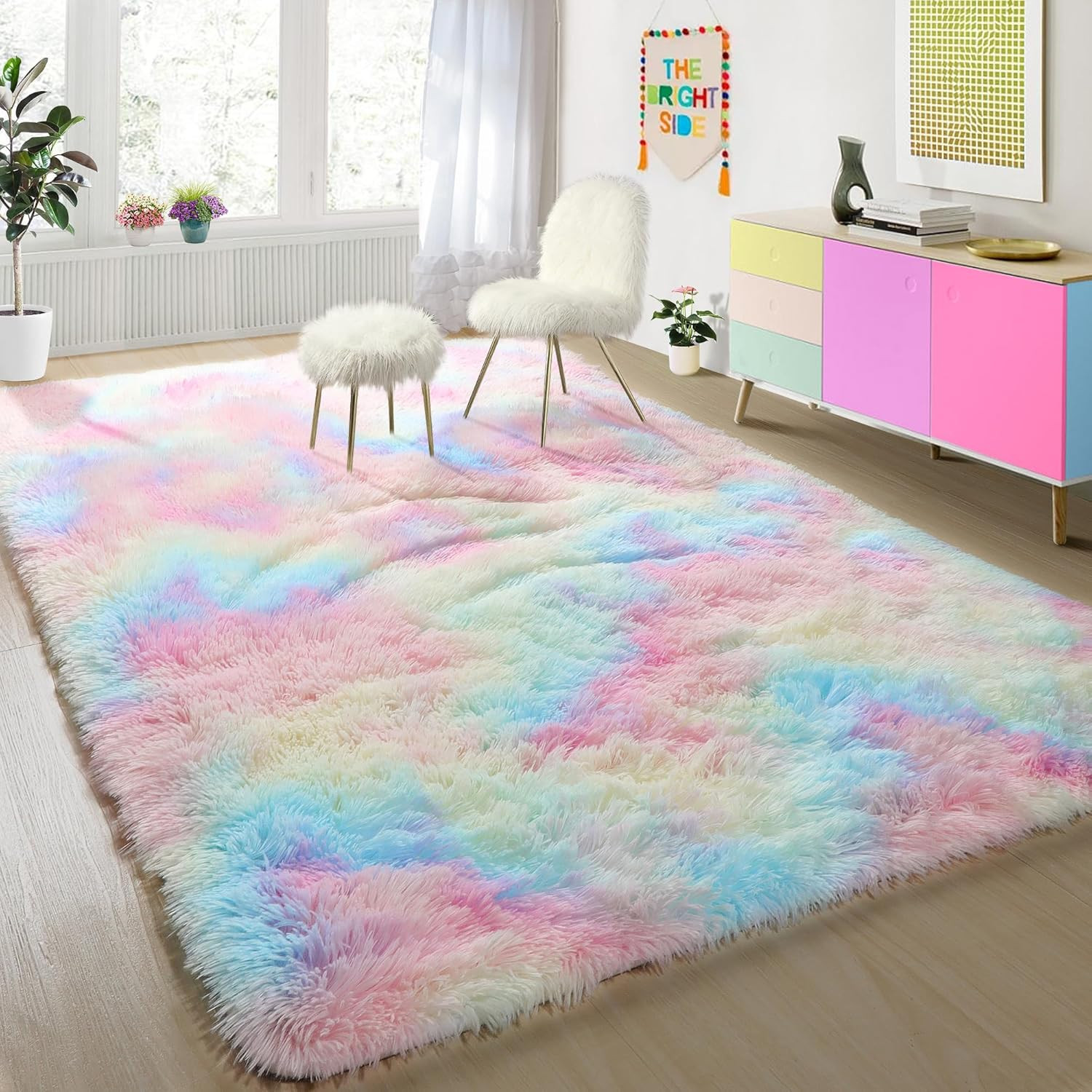 4X6 Rainbow Fluffy Soft Plush Area Rugs for Girls Bedroom, Shaggy Vibrant Rugs f