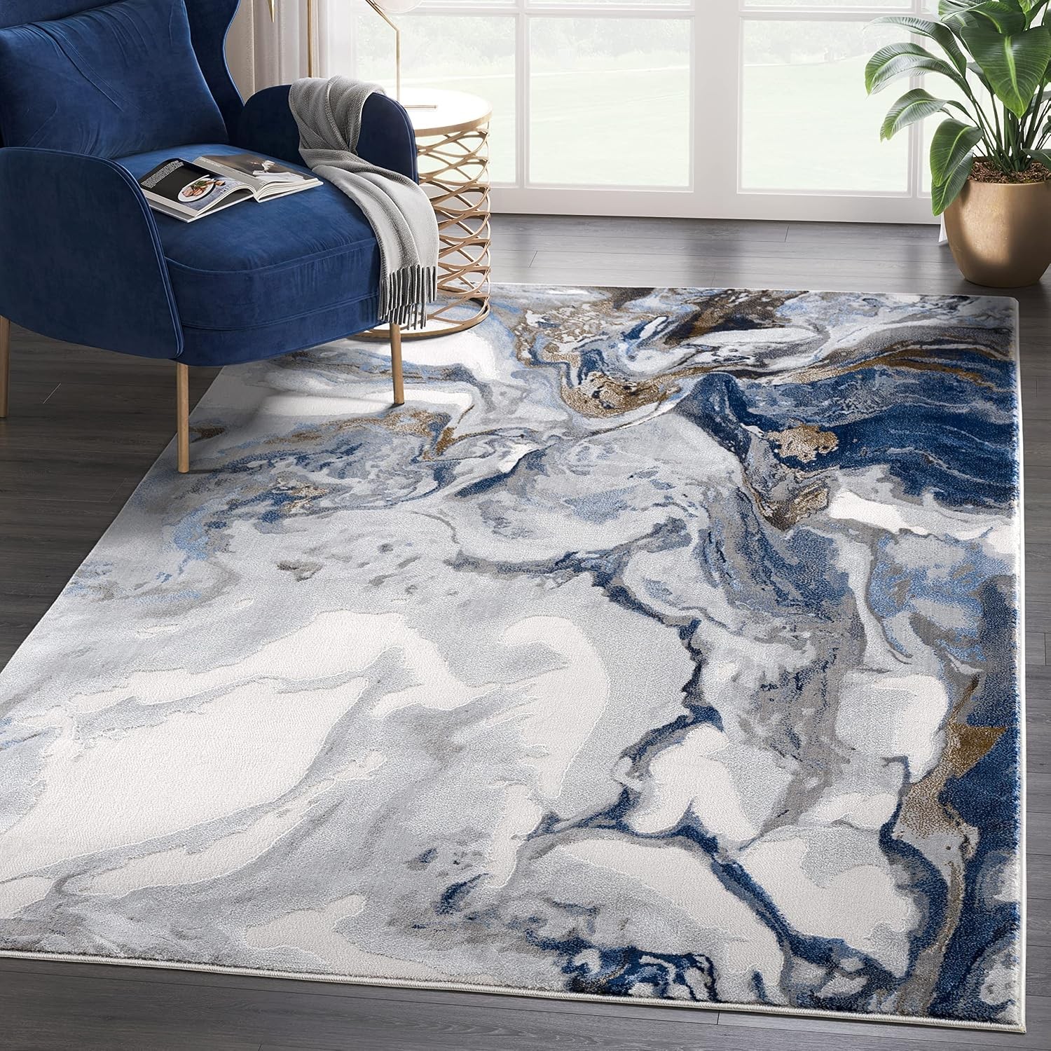 Rugs Abstract Design 7’9″ x 10’2″ (8’x10′) Bedroom Rug – Grey, Brown & Blue