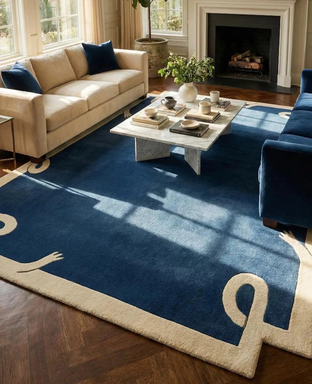 Hand Tufted Blue Wool Area Rug Modern Abstract Border Luxury Living Room Area Ru
