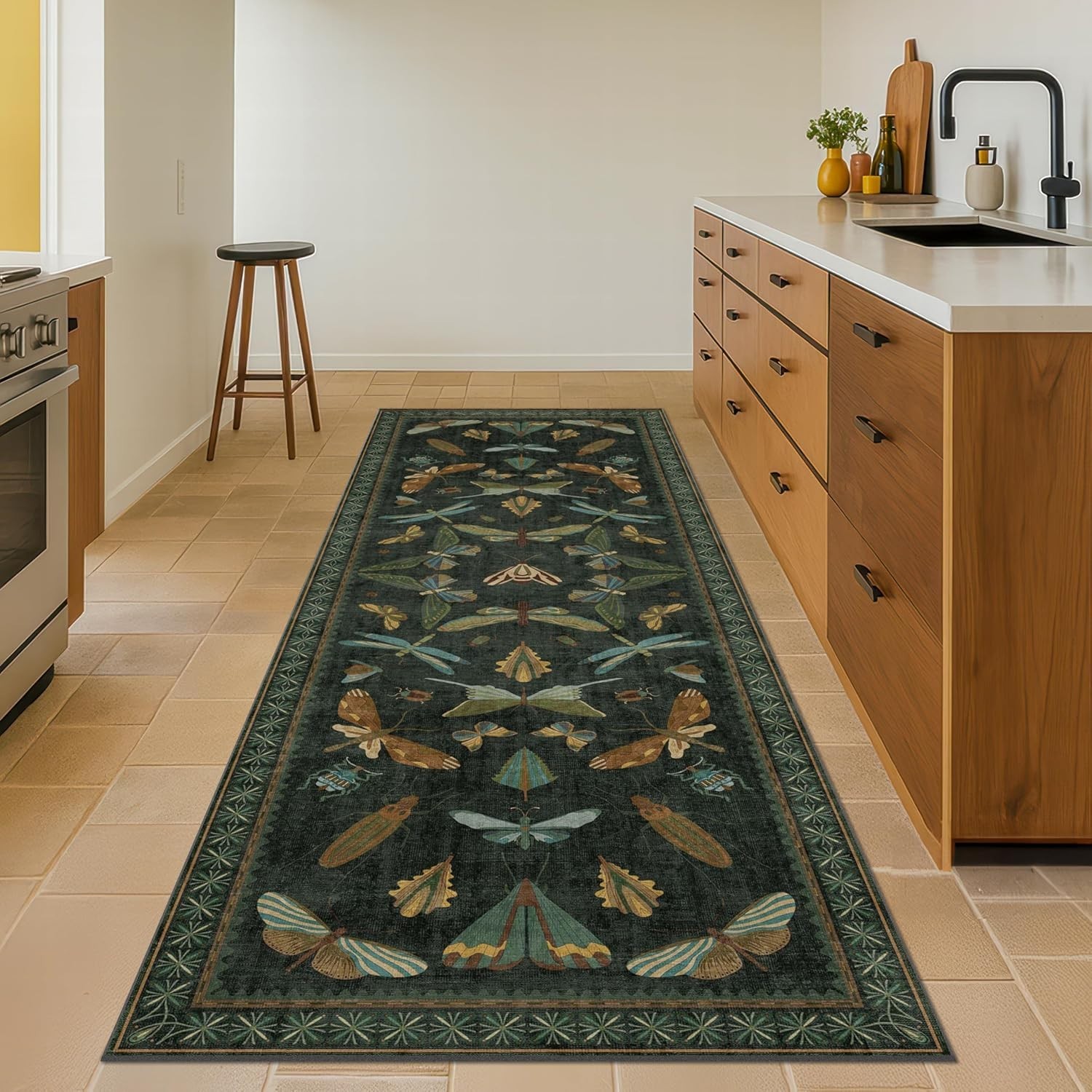 8 ft Long Hallway Runner Rug – Boho Green Rug for Kitchen Floor, Entrance Ind…