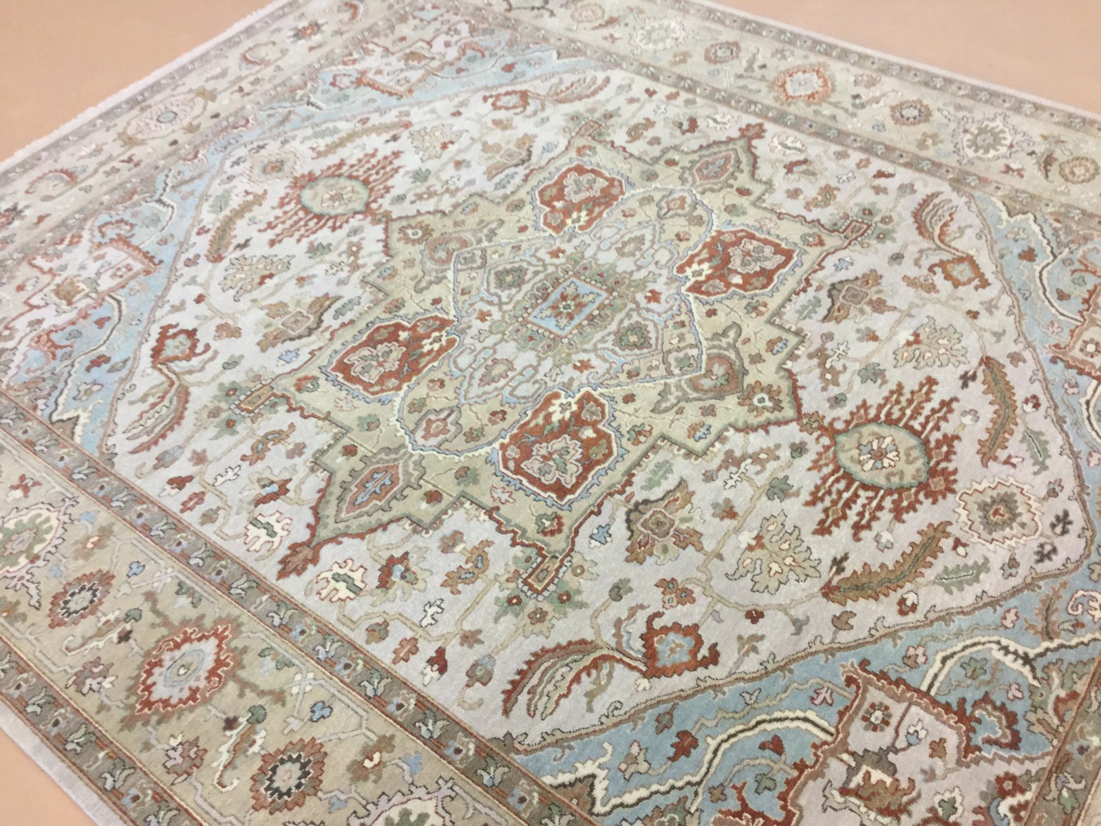 8 X 10 Beige Brown Blue Sarape Oriental Area Rug Hand Knotted Medallion