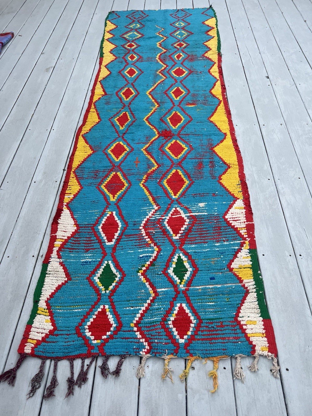 Vintage 1970s Moroccan Rug Runner 10×3 Ft Azilal Fluffy Bright Boho Runner