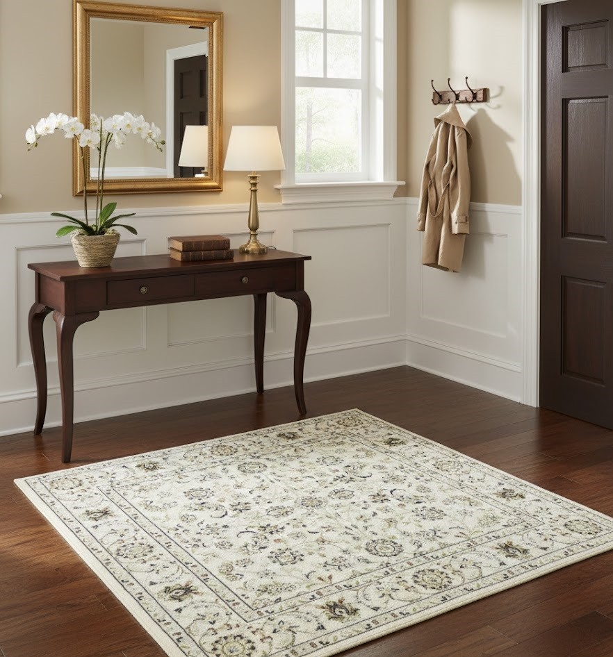 Hand-Knotted Cream Floral Classic Indo-Nain Square Rug Oriental Carpet 4X4 ft