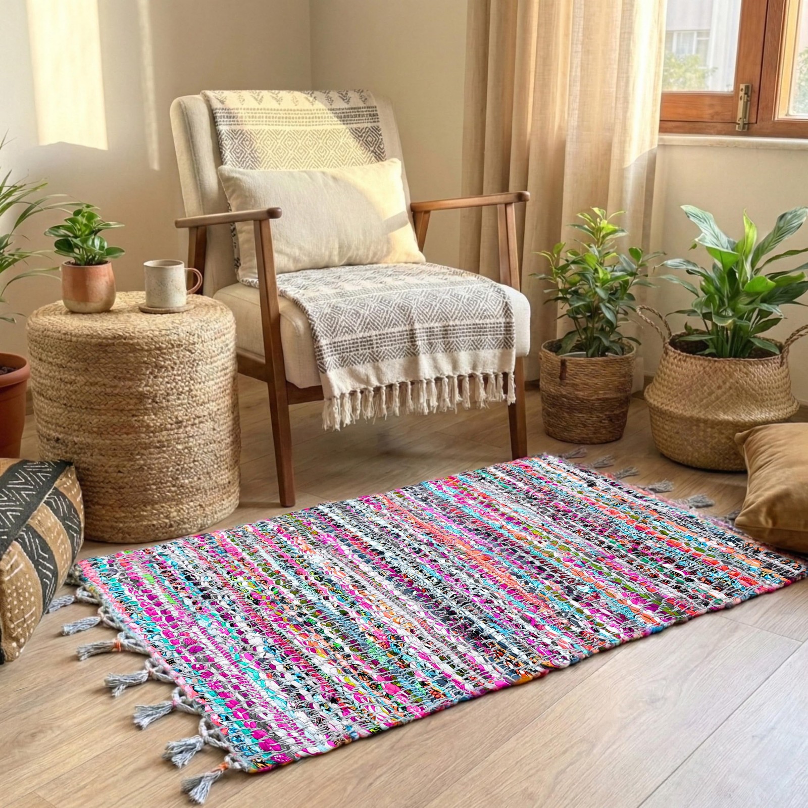 100% Cotton Rag Rug 24×36 – Multicolor Chindi Rug – Hand Woven & Reversible f…