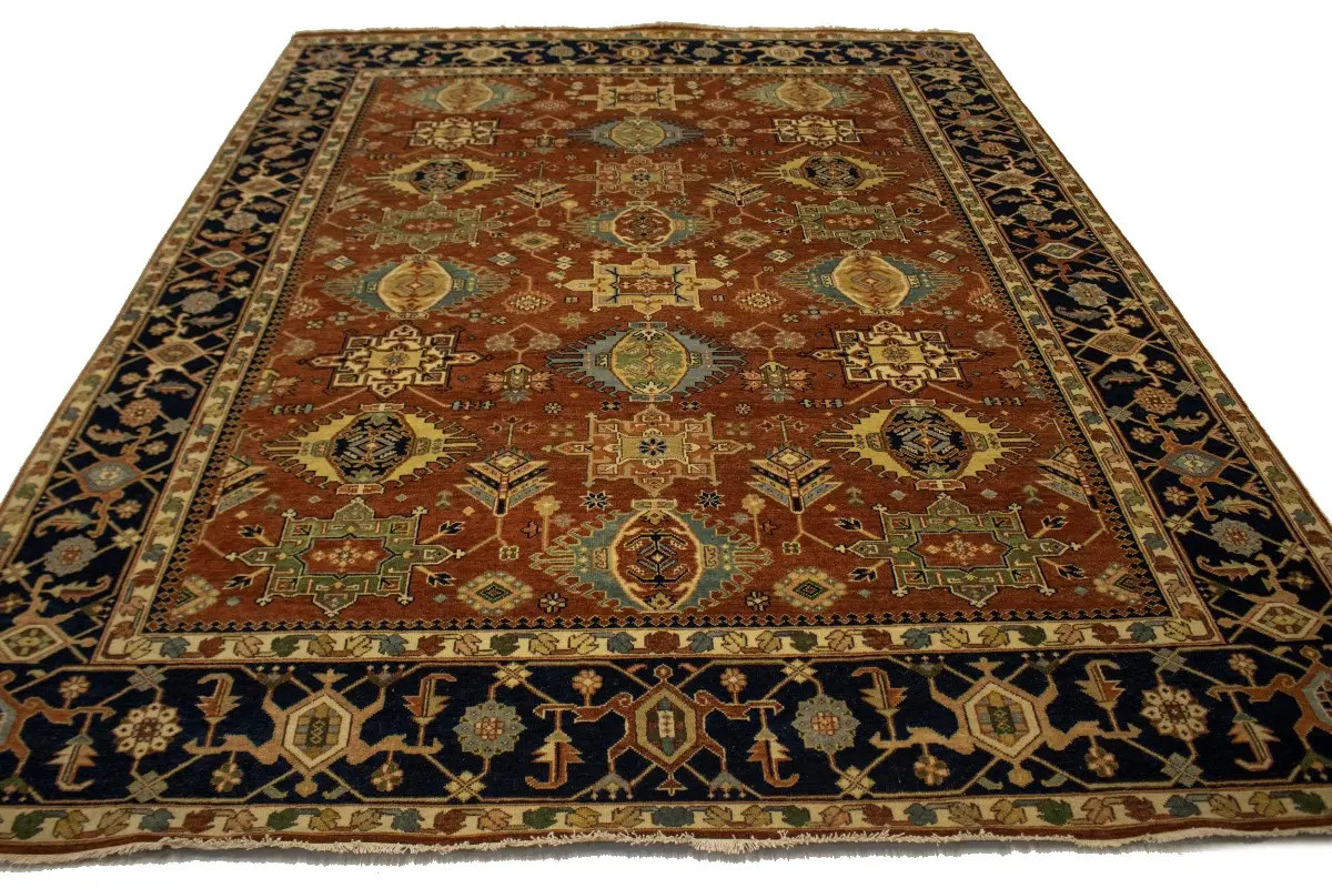Hand-Knotted Farmhouse Oriental Rug 9X12 Rust Tribal Design Indo-Karajeh Carpet